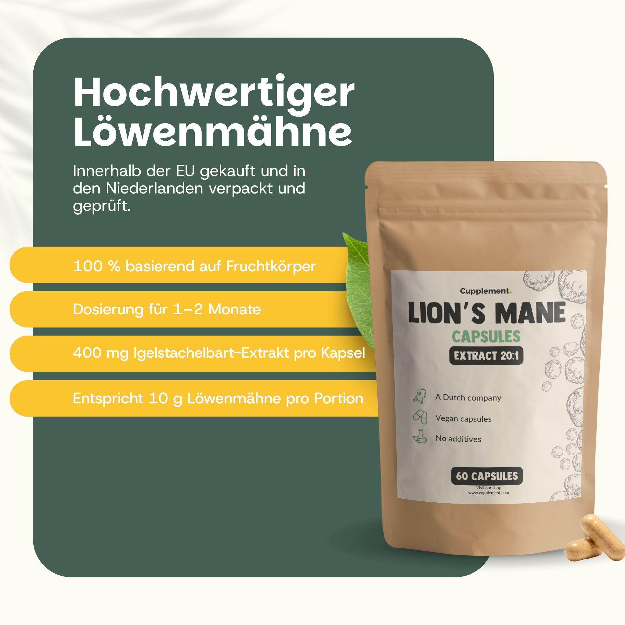 Beutel mit Kapseln und Text. Aufschrift: Lion's Mane Capsules, Extrakt 20:1. 100% Fruchtkörper, Dosierung 1-2 Monate, 400 mg Extrakt.