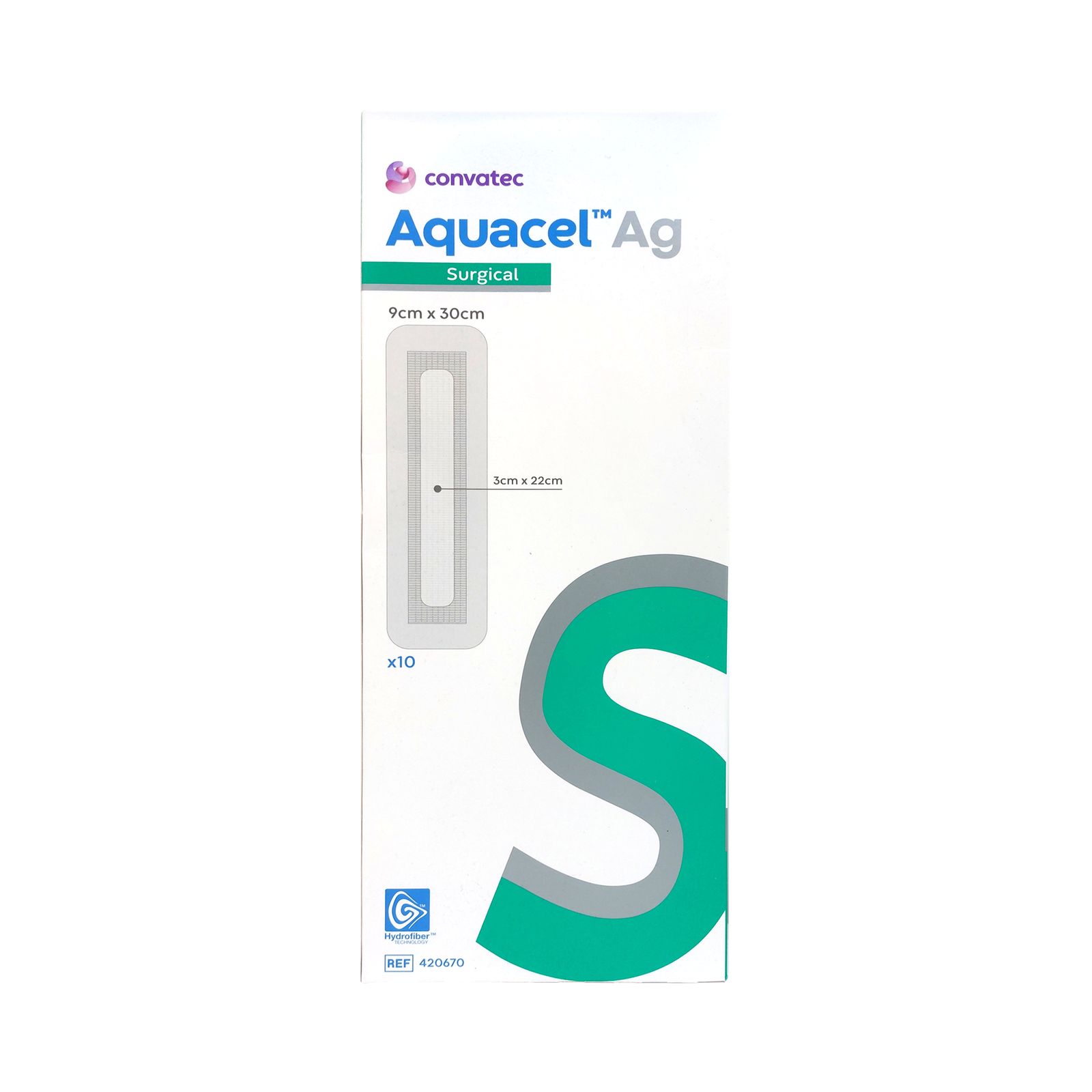 Verpackung mit AQUACEL Ag Surgical Verband. Weiß, rechteckig, mit Produktabbildung und Größenangaben. Logo und Schriftzug.