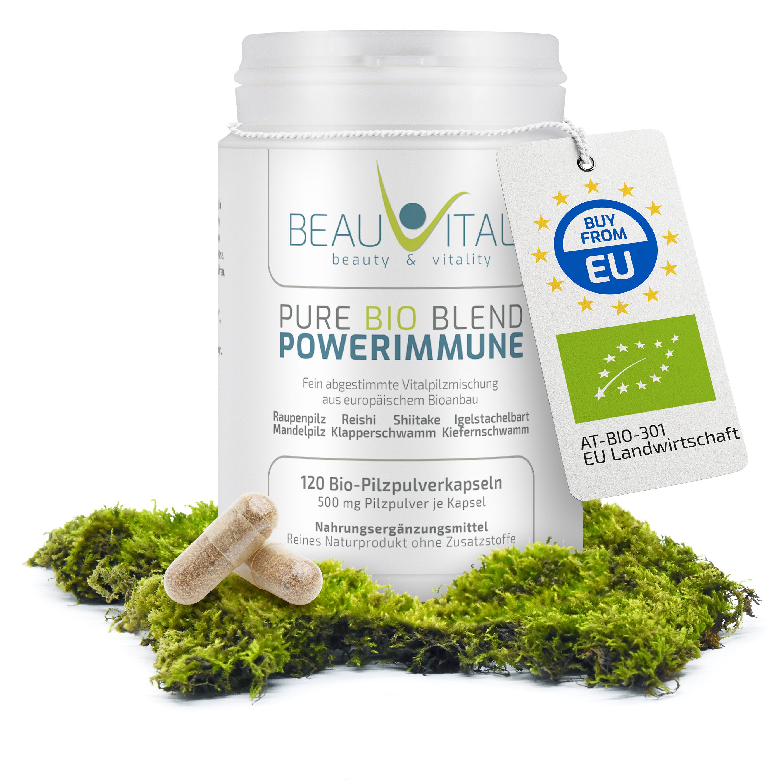 BEAUVITAL® Powerimmune Bio Vitalpilzmischung Kapseln, Cordyceps Reishi Shiitake Hericium Agaricus