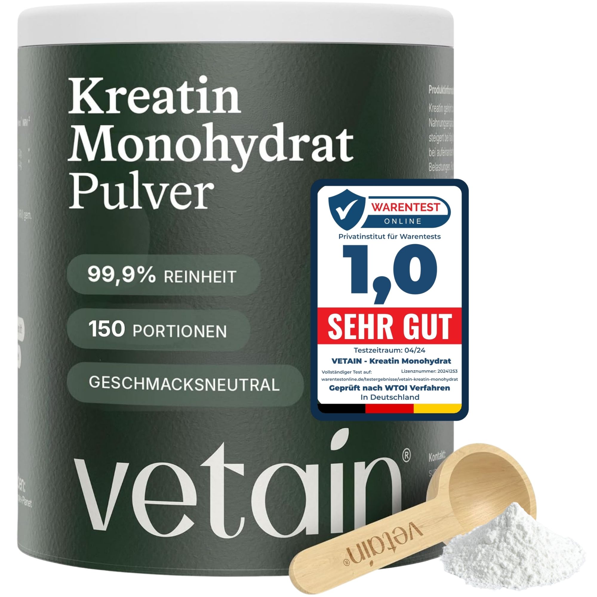 VETAIN Kreatin Monohydrat Pulver Dose mit Messlöffel und Auszeichnung "Sehr Gut".