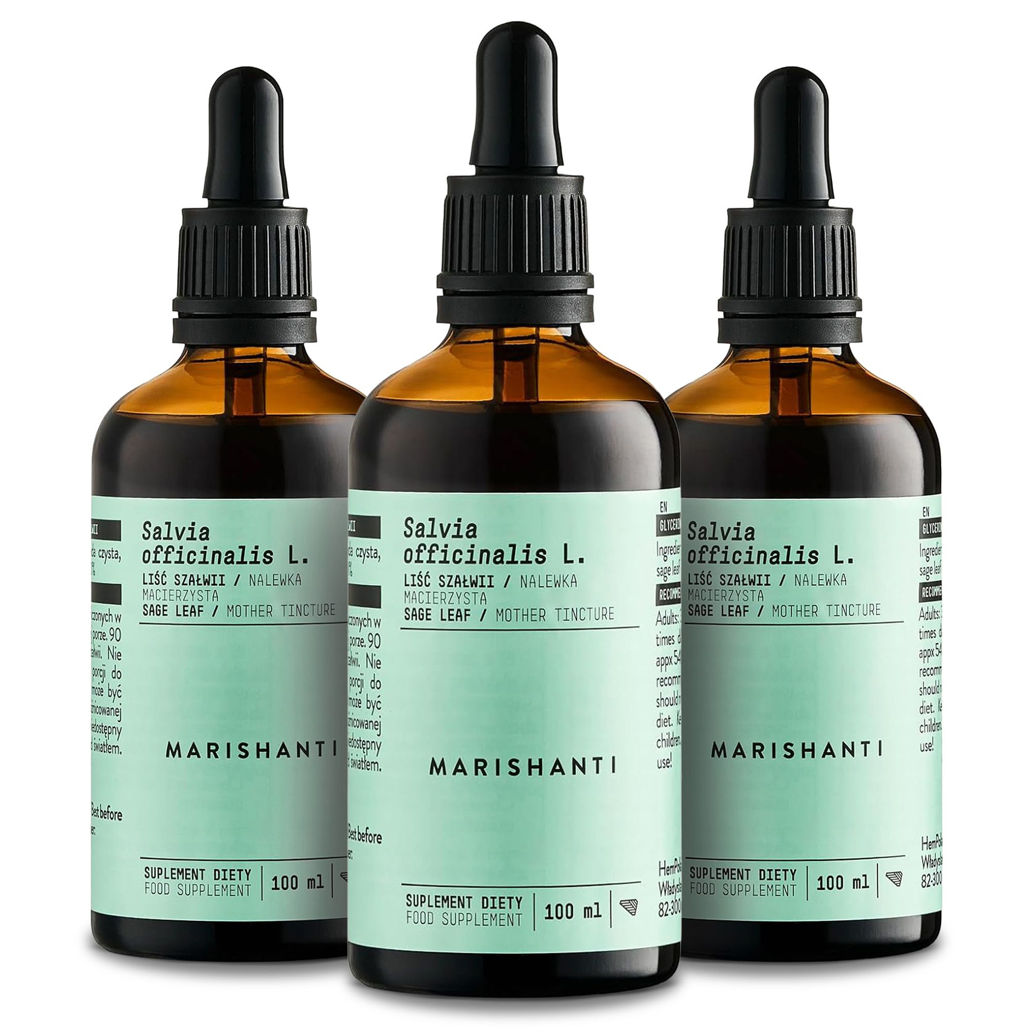 Drei braune Flaschen mit Tropfer. Text: Marishanti, Salvia officinalis L. 100 ml.