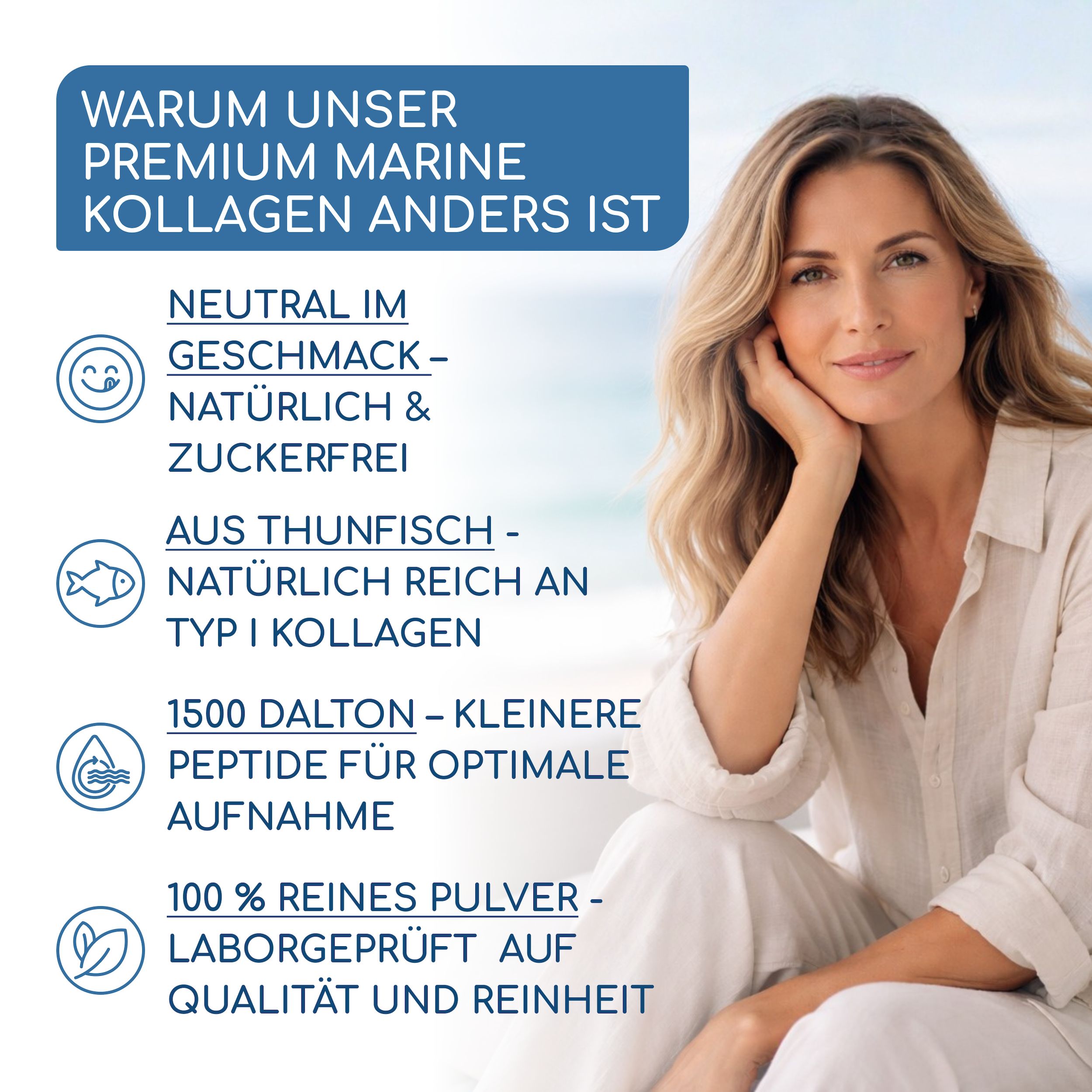 Frau mit Marine Kollagen Pulver: Neutral, aus Thunfisch, 1500 Dalton, 100% rein.