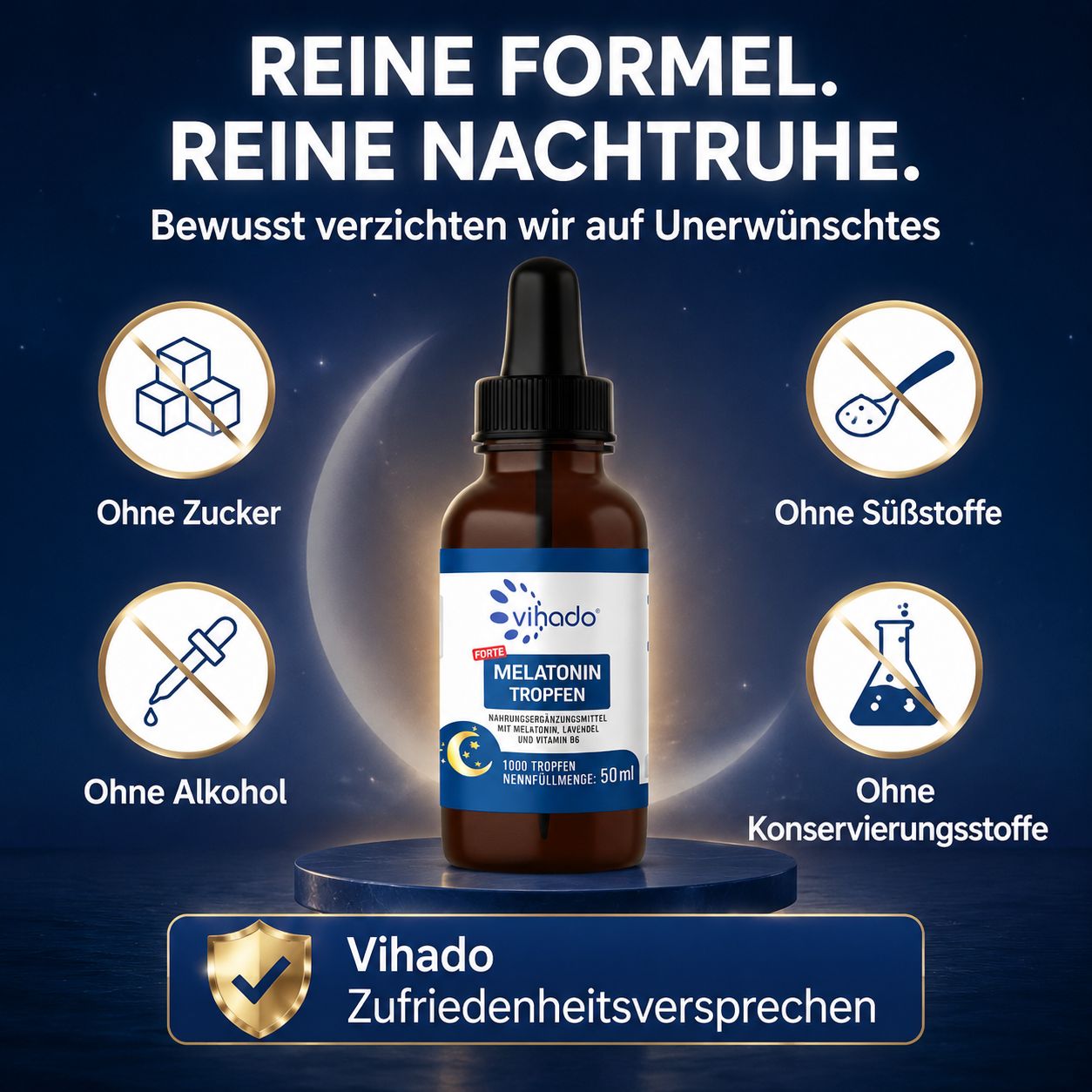 Vihado Melatonin Tropfen Flasche umgeben von Icons: ohne Zucker, Süßstoffe, Alkohol, Konservierungsstoffe.