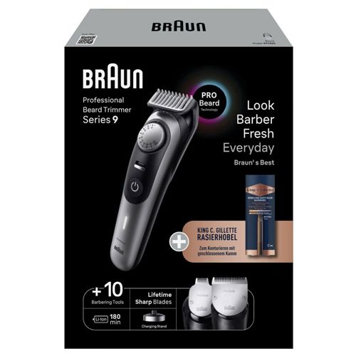 Braun Barttrimmer Series 9 mit Zubehör und Verpackung. Enthält Rasierhobel und Ladestation.