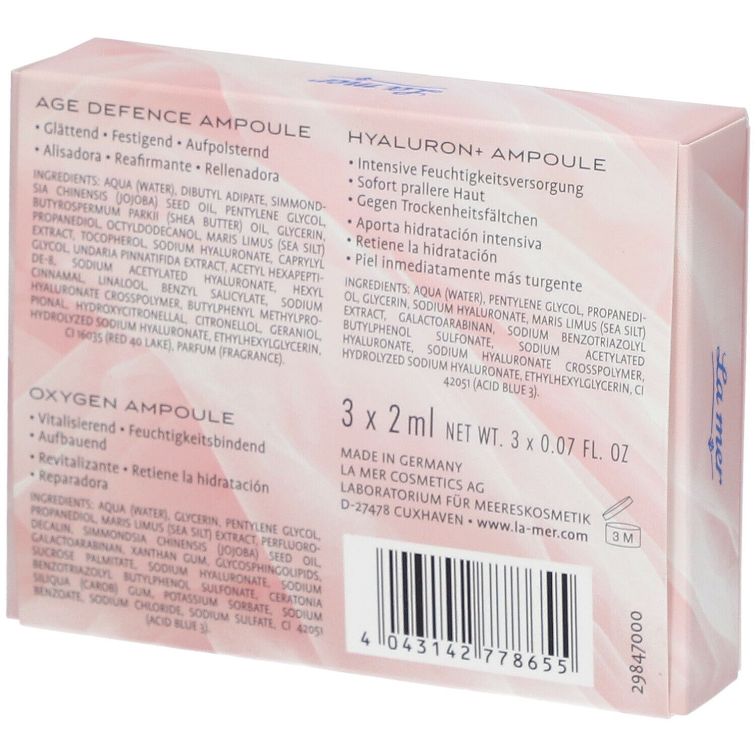 Rosa Verpackung mit Produktinformationen und Inhaltsstoffen. Text: Age Defence Ampulle, Hyaluron+ Ampulle, Oxygen Ampulle. 3 x 2ml.