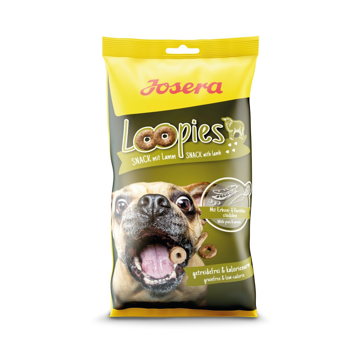 Josera Loopies mit Lamm. Gelber Beutel mit Produktname, Hund und Produktabbildung.