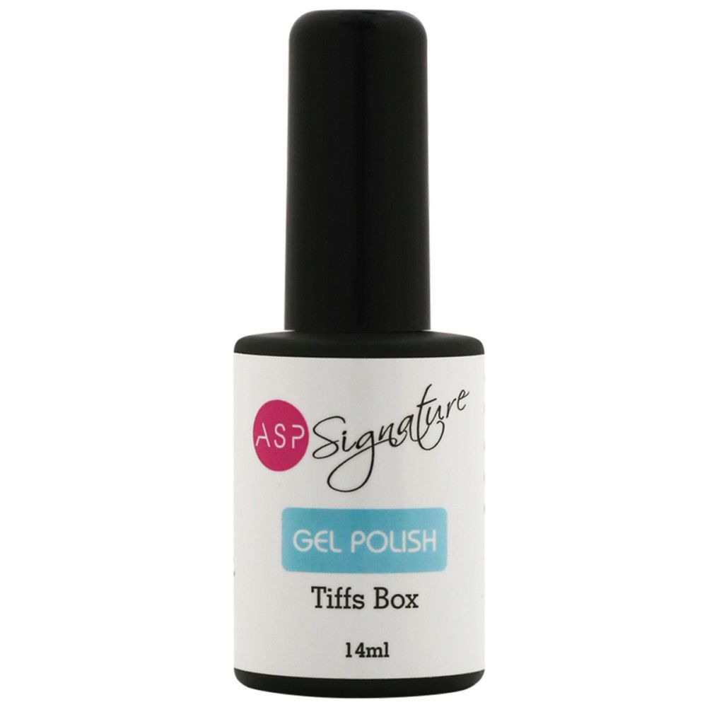 Nagellackflasche mit schwarzem Deckel. Etikett mit 'ASP Signature Gel Polish'.