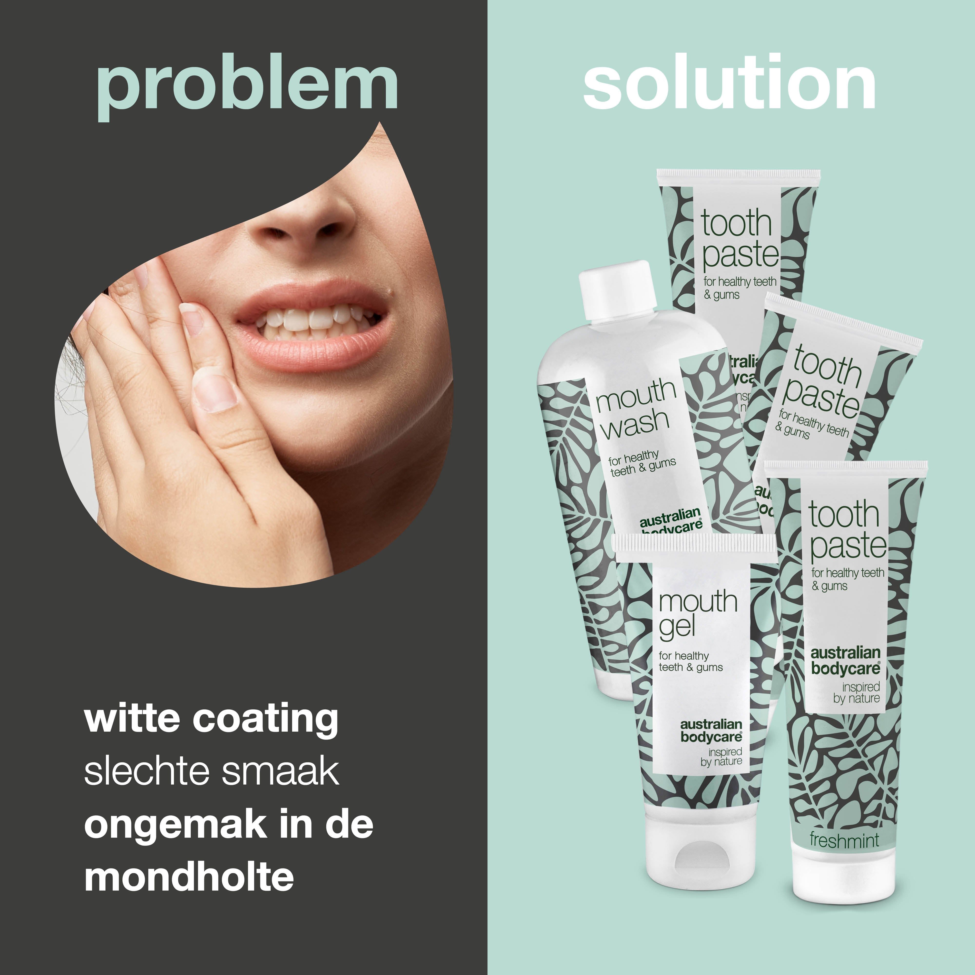 Vergelijking: probleem (witte coating) en oplossing (producten). Nederlandse tekst.