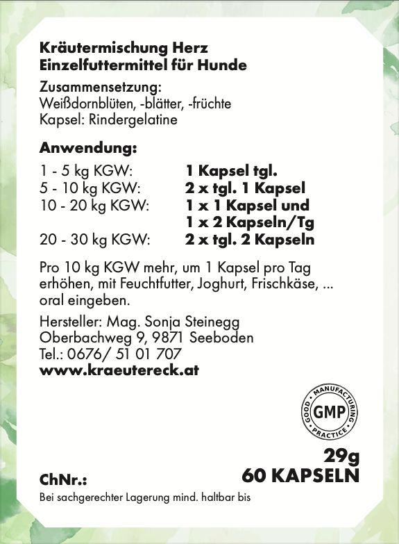 Rückseite der Kräuterkapseln Herz Hund Verpackung. Text mit Inhaltsstoffen, Dosierung und Herstellerinformationen. 60 Kapseln.