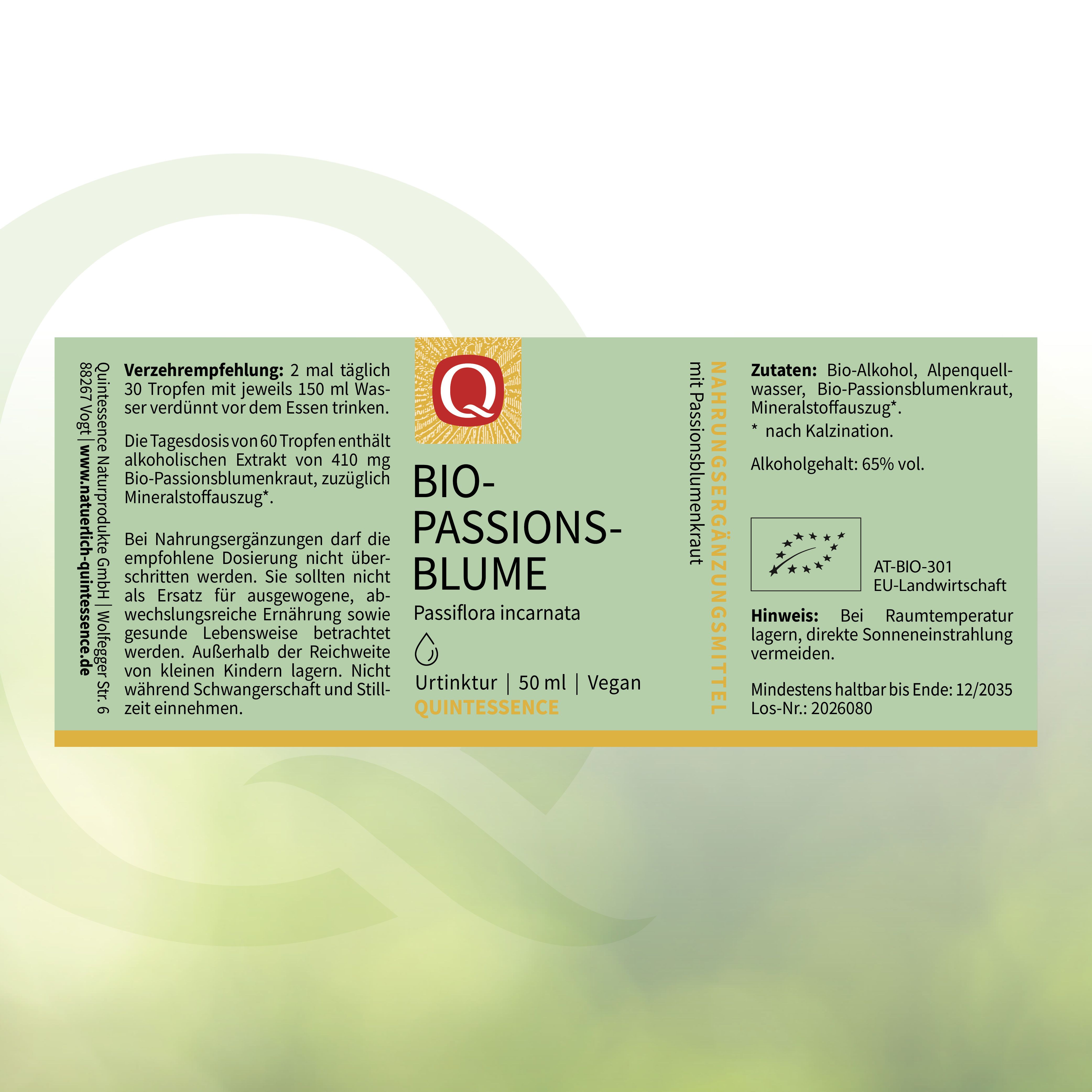 Rückseite der Quintessence Bio-Passionsblume Tinktur Flasche mit detaillierten Informationen und Inhaltsstoffen.