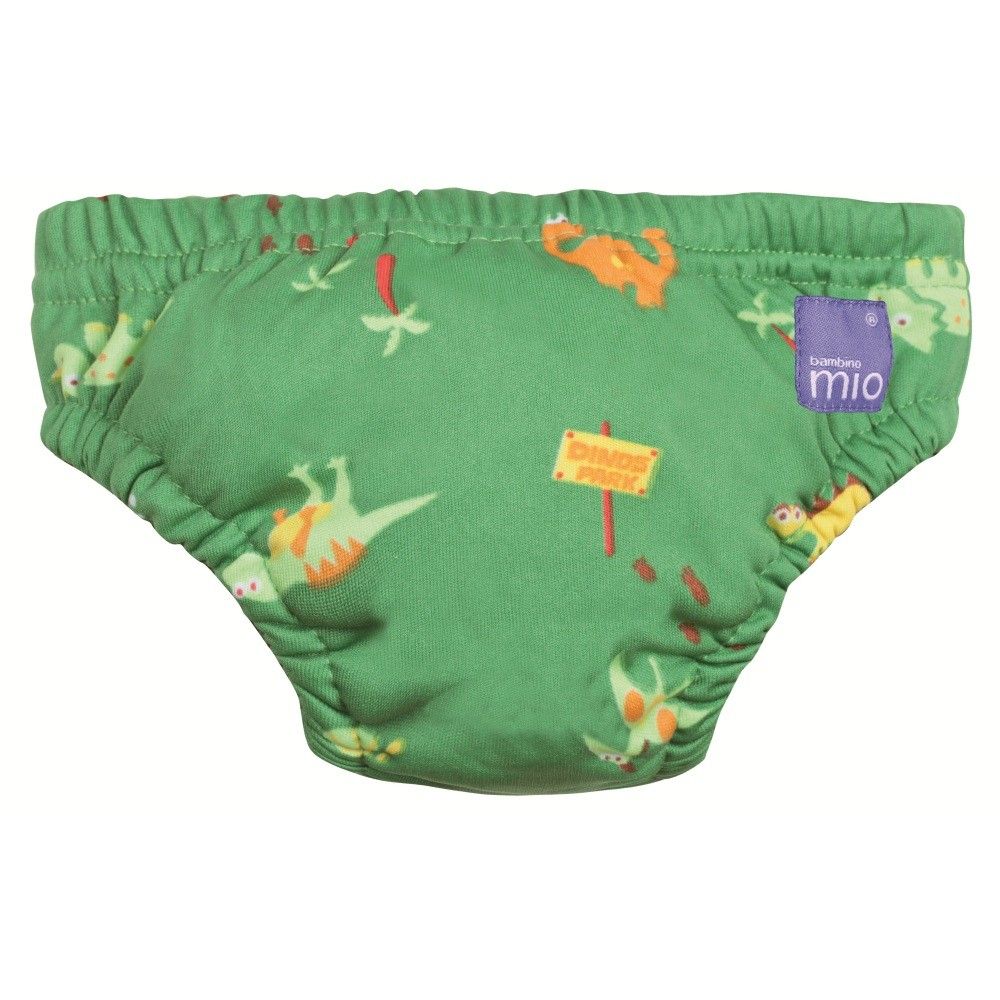 Grüne Schwimmwindel mit Dinosaurier-Muster. Elastischer Bund und Beinöffnungen. Marke Bambino mio.