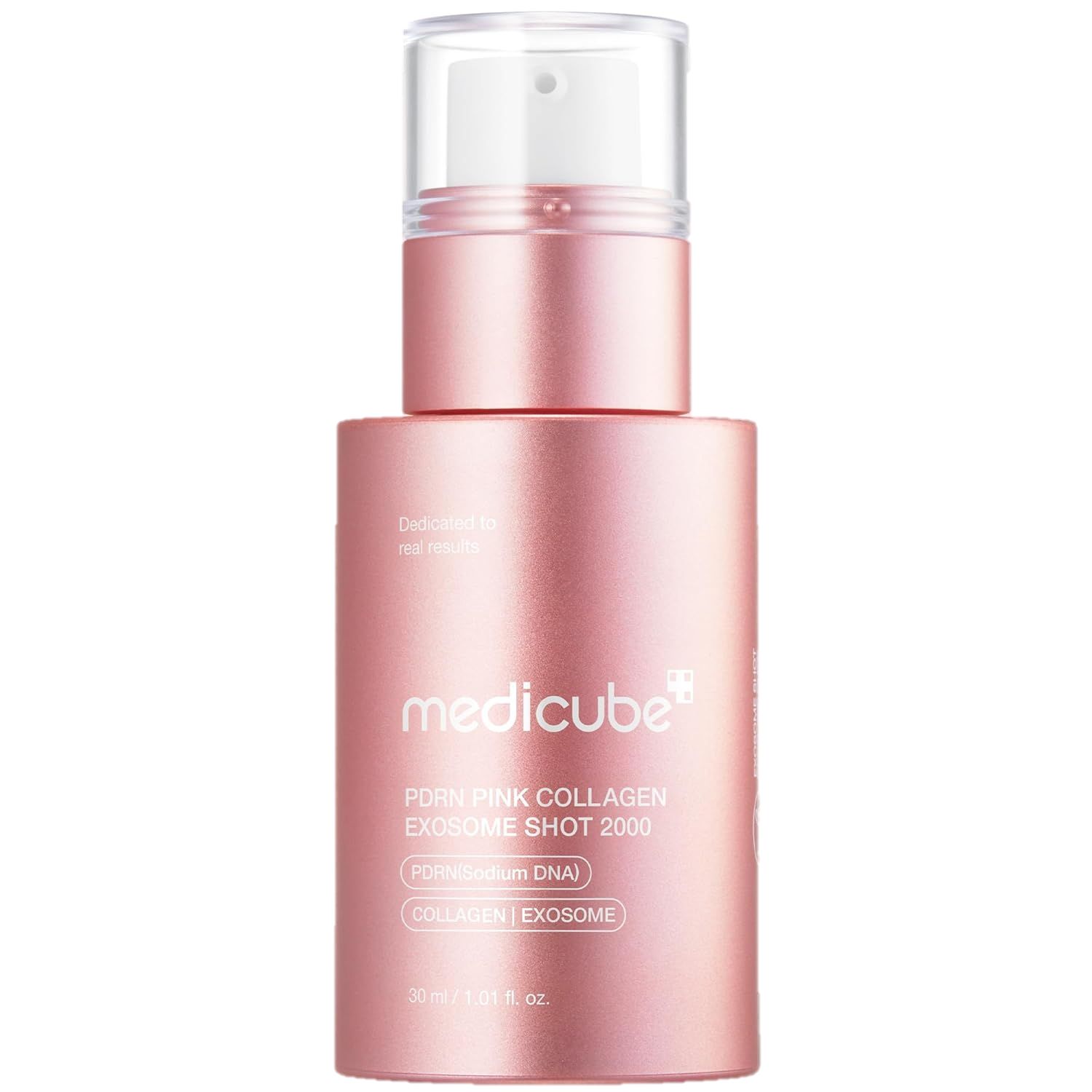 Rosa Serumflasche mit Sprühkopf. Beschriftung: Medicube, PDRN Pink Collagen Exosome Shot 2000. 30 ml.