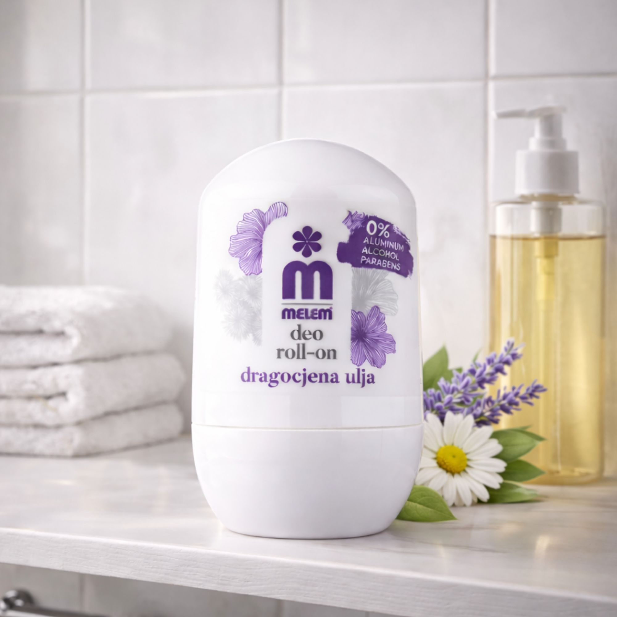Weißer Roll-On mit lila Blüten und Schriftzug. Daneben Lavendel, Kamille und Ölflasche. Aufschrift: Melem Deo Roll-On.