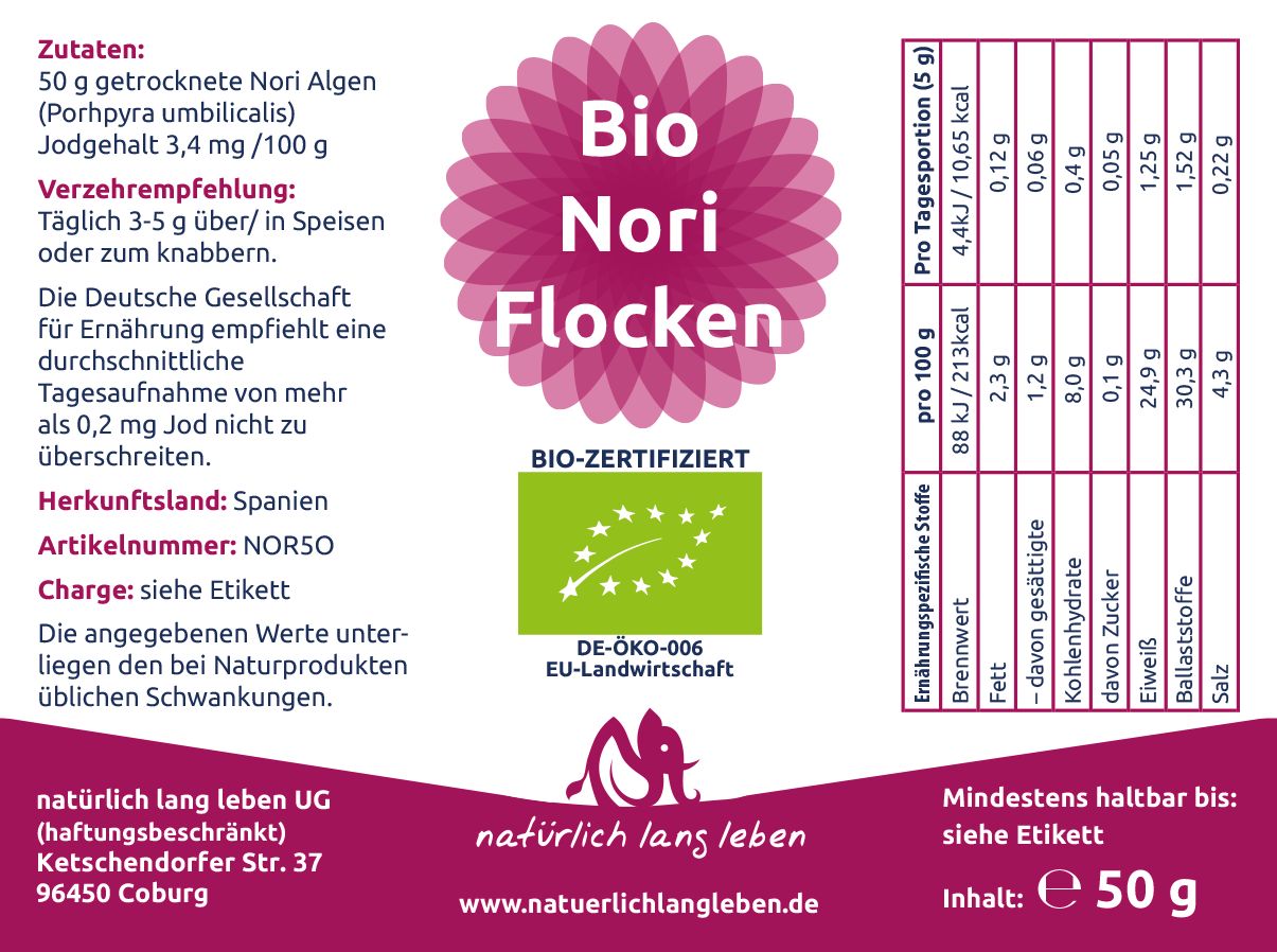 natürlich lang leben BIO Nori Algen Flocken