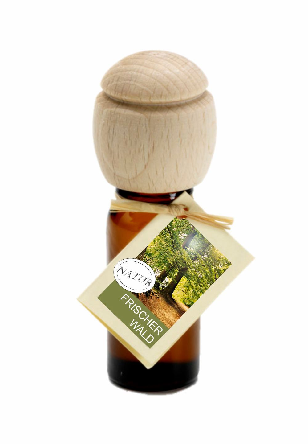 Braune Glasflasche mit Holzverschluss und Etikett. Etikett mit Natur-Logo und Text: Frischer Wald. Buchenholzverschluss.