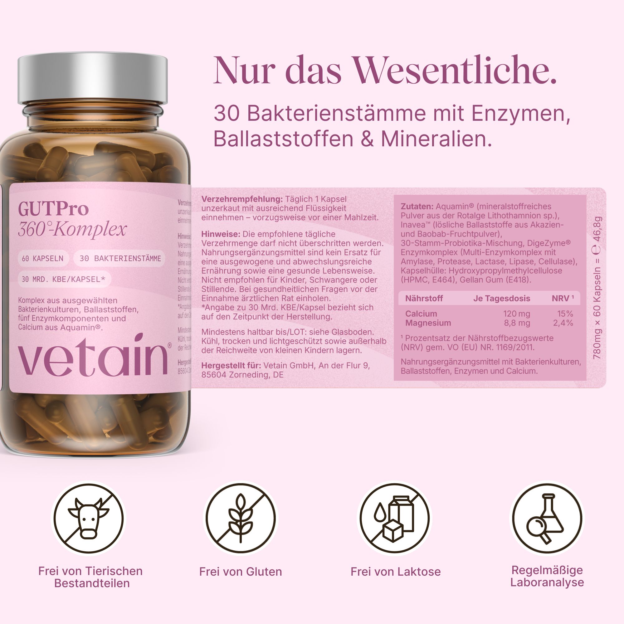 VETAIN GUTPro 360° – 30 Bakterienstämme – 30 Mrd. KBE – Lactobacillus, Bifidobakterien, Enzymen, Cal