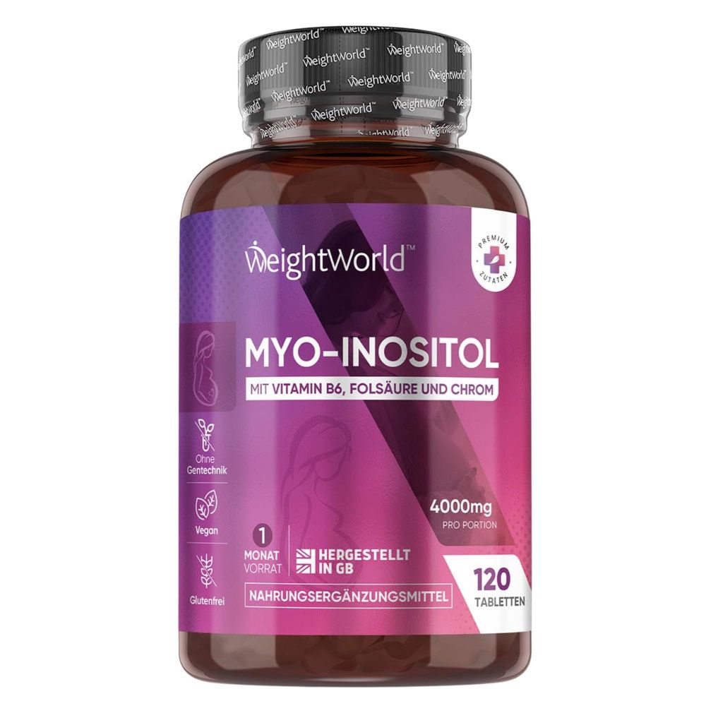 Braune Flasche mit Tabletten. Aufschrift: MYO-INOSITOL, Vitamin B6, Folsäure und Chrom. 120 Tabletten. Vegan, glutenfrei.