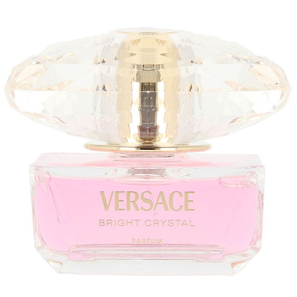 Rosa Parfumflasche mit Kristallverschluss. Auf der Flasche steht "Versace Bright Crystal Parfum".