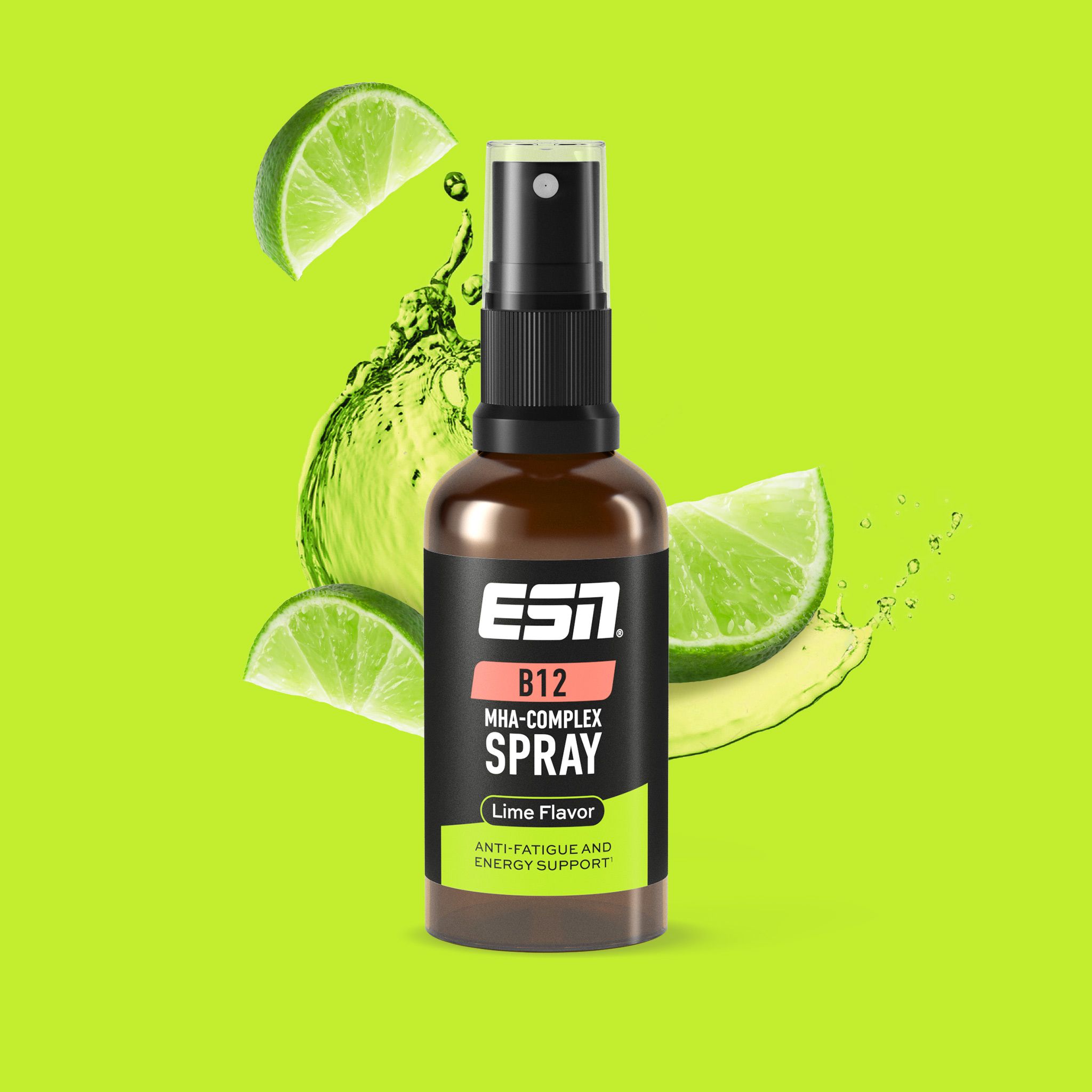 Braune Flasche mit schwarzem Sprühkopf. Etikett mit "ESN B12 MHA-COMPLEX SPRAY". Limettenscheiben im Hintergrund.