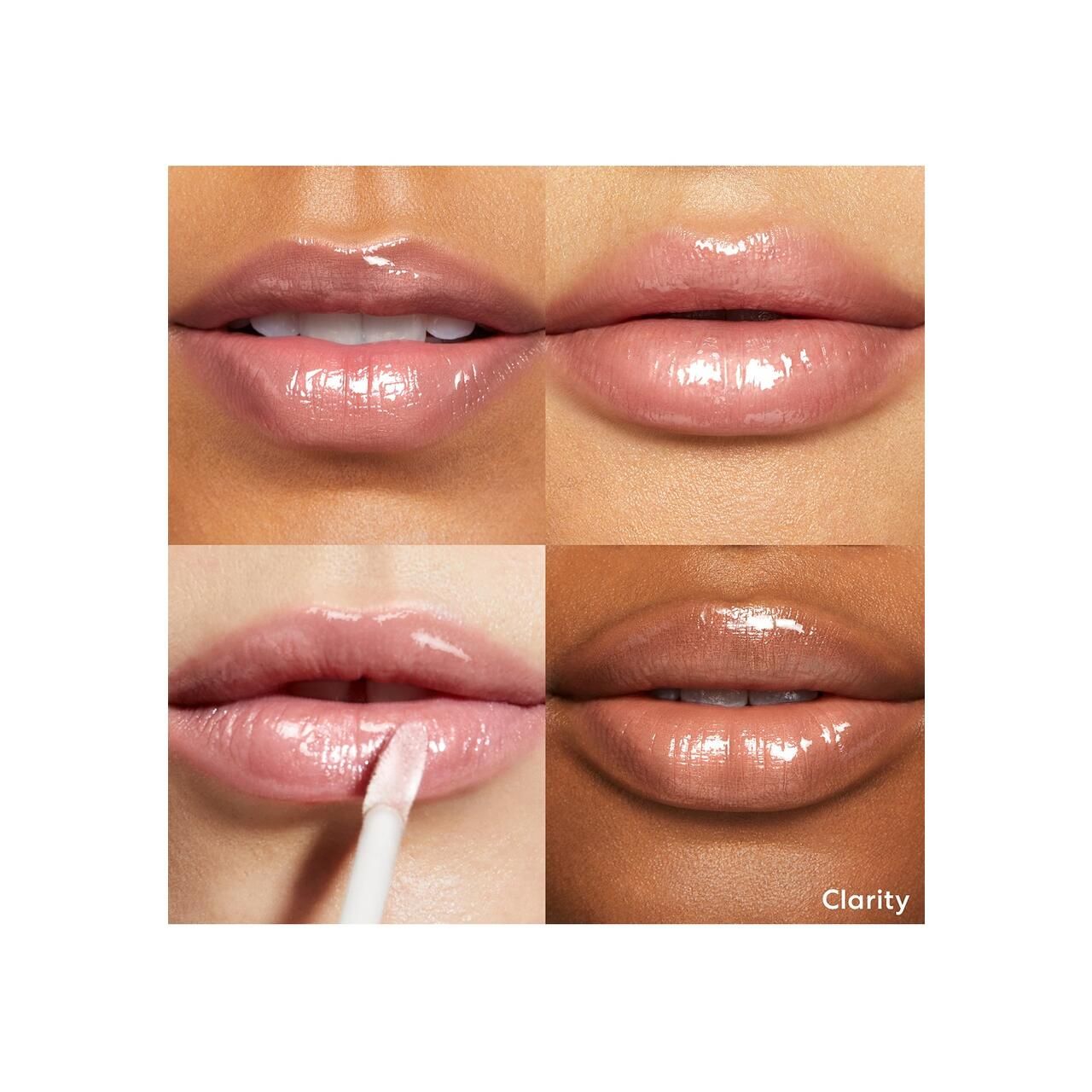 Vier Nahaufnahmen von Lippen mit Lipgloss. Verschiedene Hauttöne. Der Name 'Clarity' ist unten rechts sichtbar.