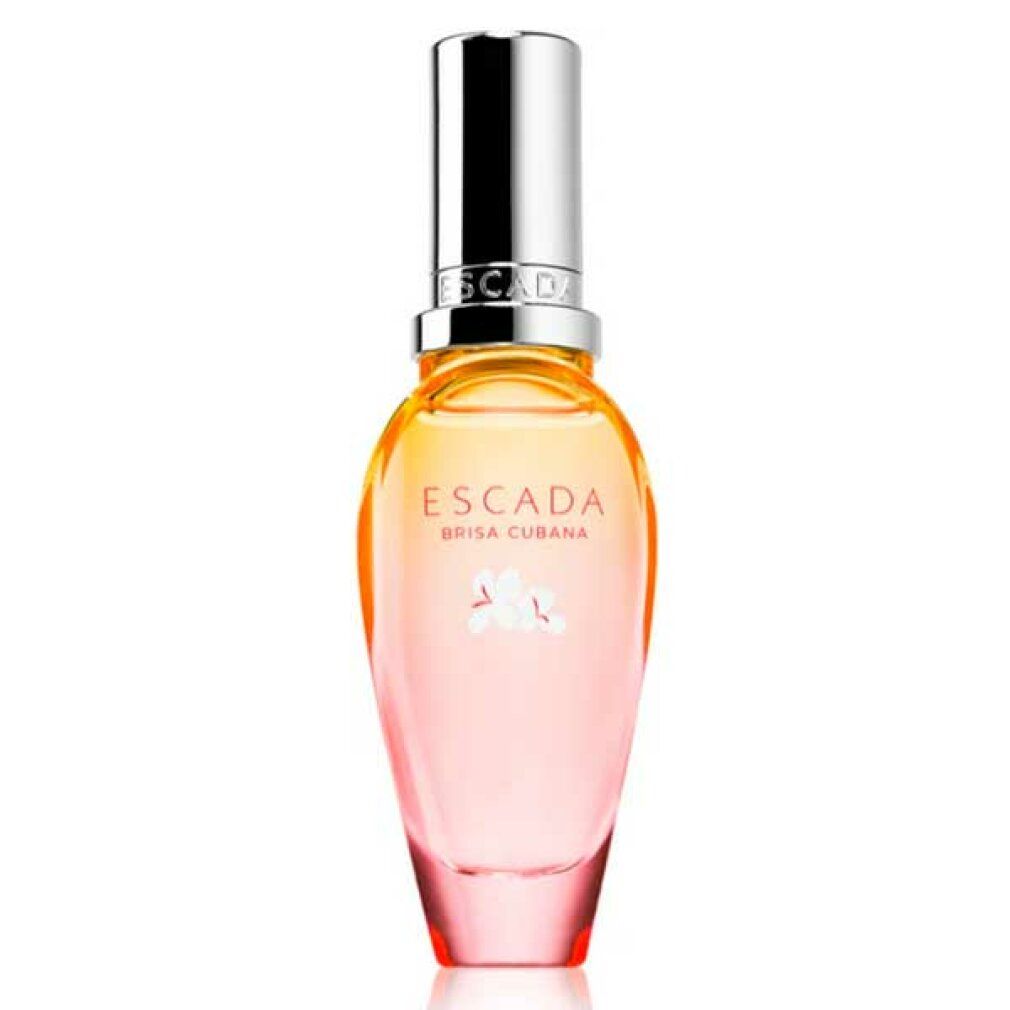 Escada Brisa Cubana E.d.T. Nat. Spray. Flakon mit silbernem Deckel. Gelb-rosa Farbverlauf. Aufschrift und Blüten.