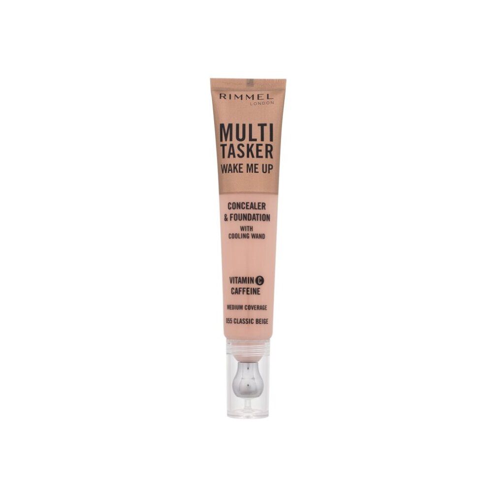 Beige Tube mit Text: Rimmel London Multi Tasker Wake Me Up Concealer & Foundation. Mit Kühlstab. Enthält Vitamin C und Koffein.