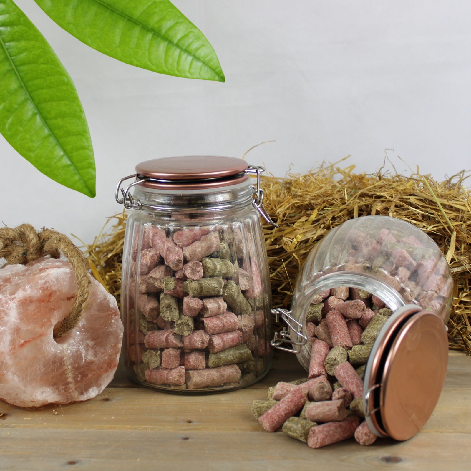 Gläser mit Snacks. Deckel aus Metall. Auf Holz. Salzstein und Blätter im Hintergrund.