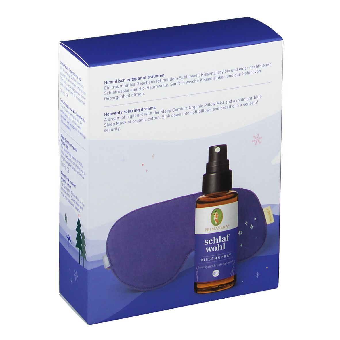 Verpackung mit Text. Logo Primavera. Kissen- und Schlafmaske. Rückseite mit Produktinformationen und Inhaltsstoffen.