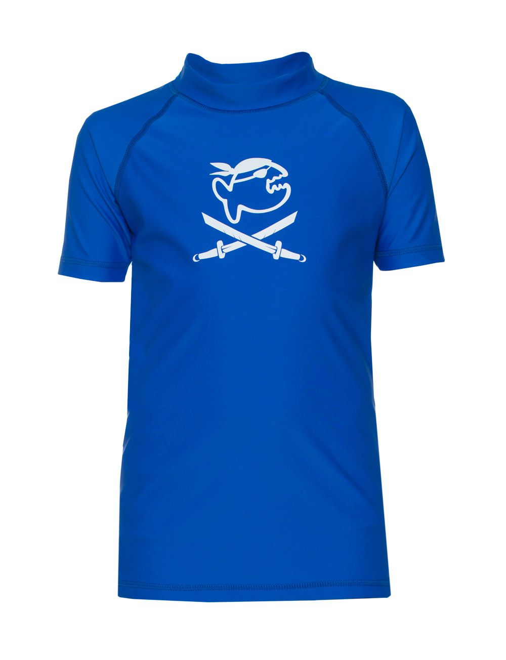 Blaues Sonnenschutz-Shirt mit Piraten-Motiv. Kurze Ärmel, hoher Kragen. Weißes Logo auf der Brust.