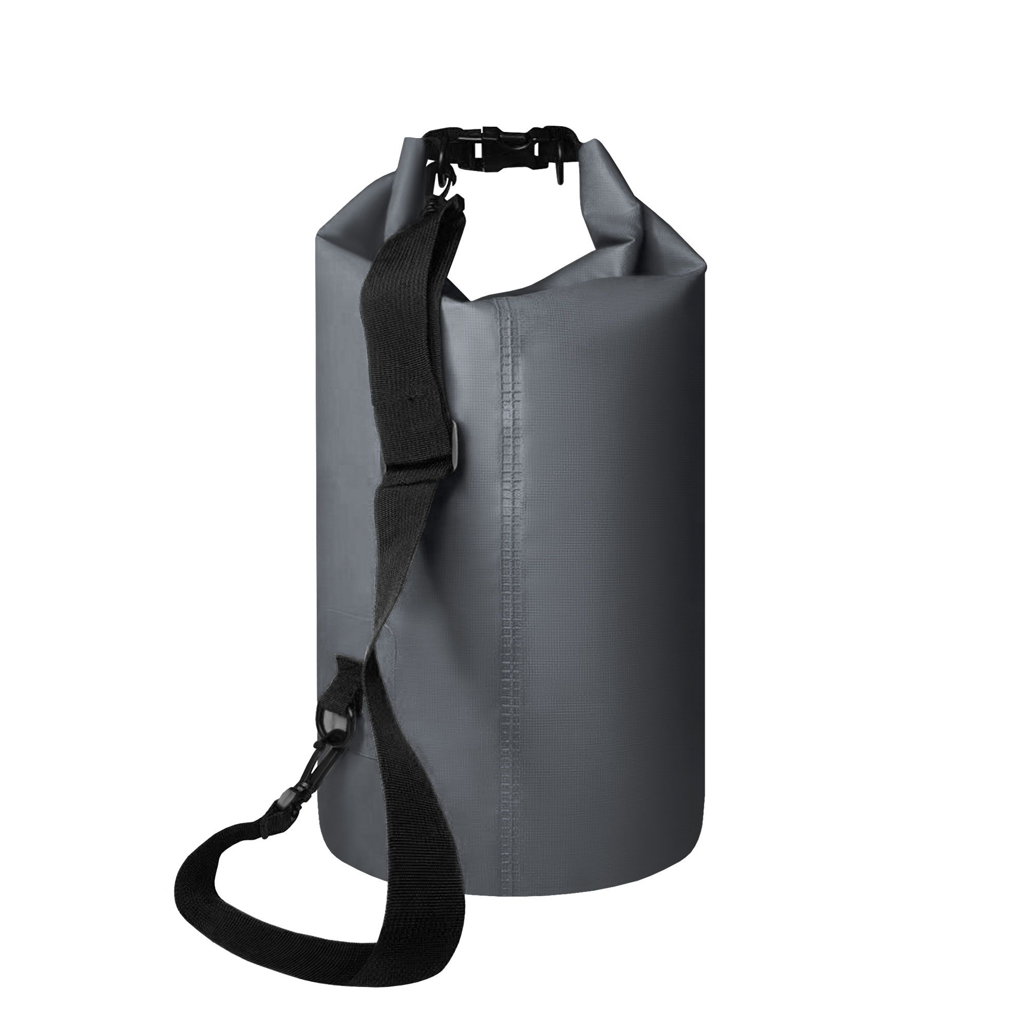 Grauer Packsack mit Schultergurt. Schwarze Verschlüsse.