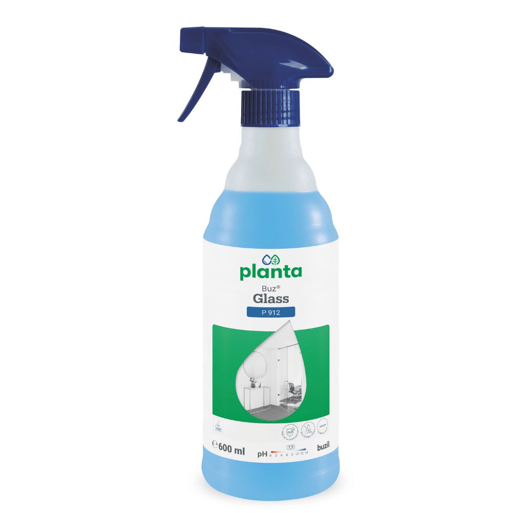 Sprühflasche mit blauem Inhalt. Aufschrift: planta Buz Glass P912. Grüne Etikett mit Bad-Illustration. Fassungsvermögen: 600 ml.