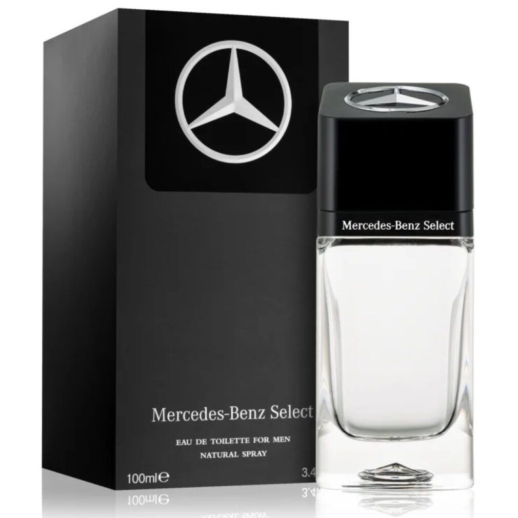 Glasflakon und schwarze Verpackung. Mercedes-Benz Logo und Schriftzug Mercedes-Benz Select. 100ml, Natural Spray. Rechteckige Form.