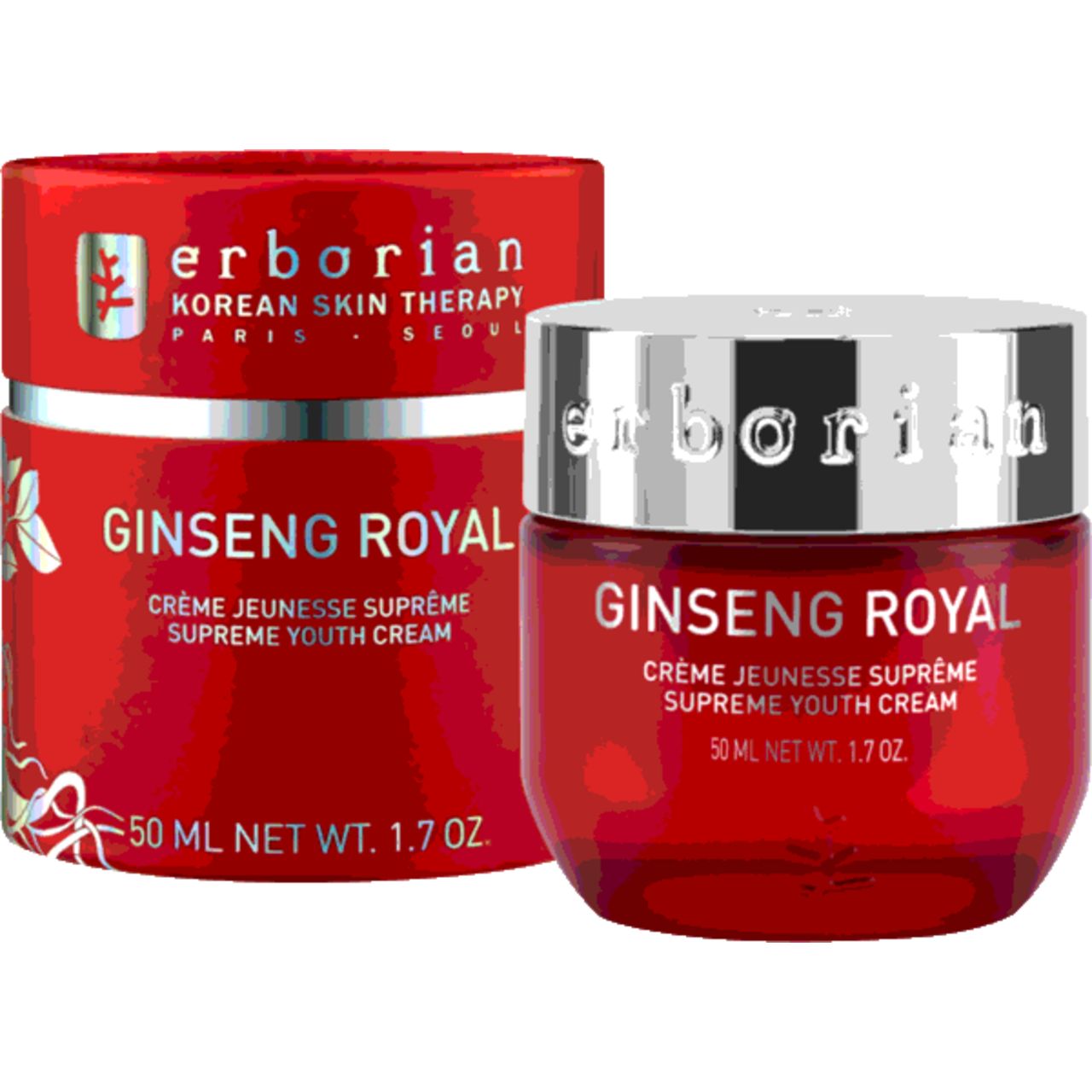Rote Creme-Dose und Verpackung. Aufschrift: Ginseng Royal, Crème Jeunesse Suprême, 50 ml.