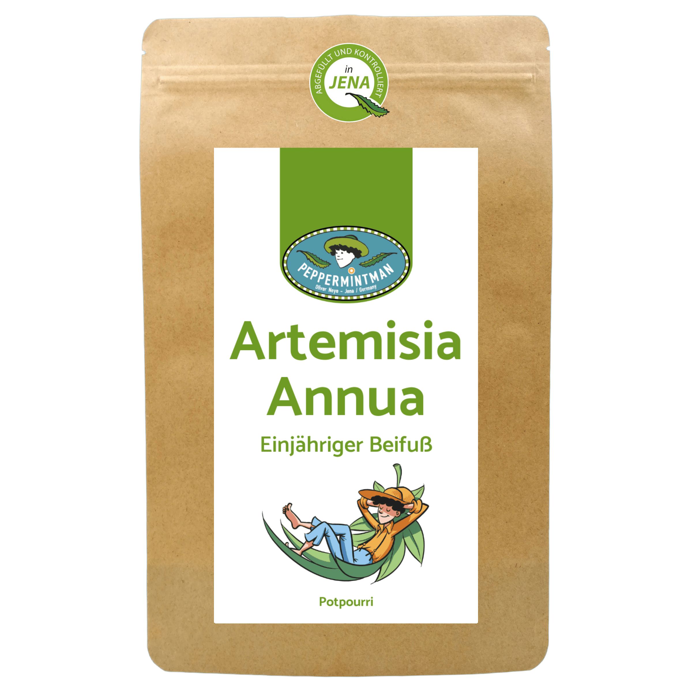 Beutel mit Artemisia Annua. Aufschrift: PEPPERMINTMAN, Artemisia Annua, Einjähriger Beifuß. Illustration einer Person in einer Hängematte.