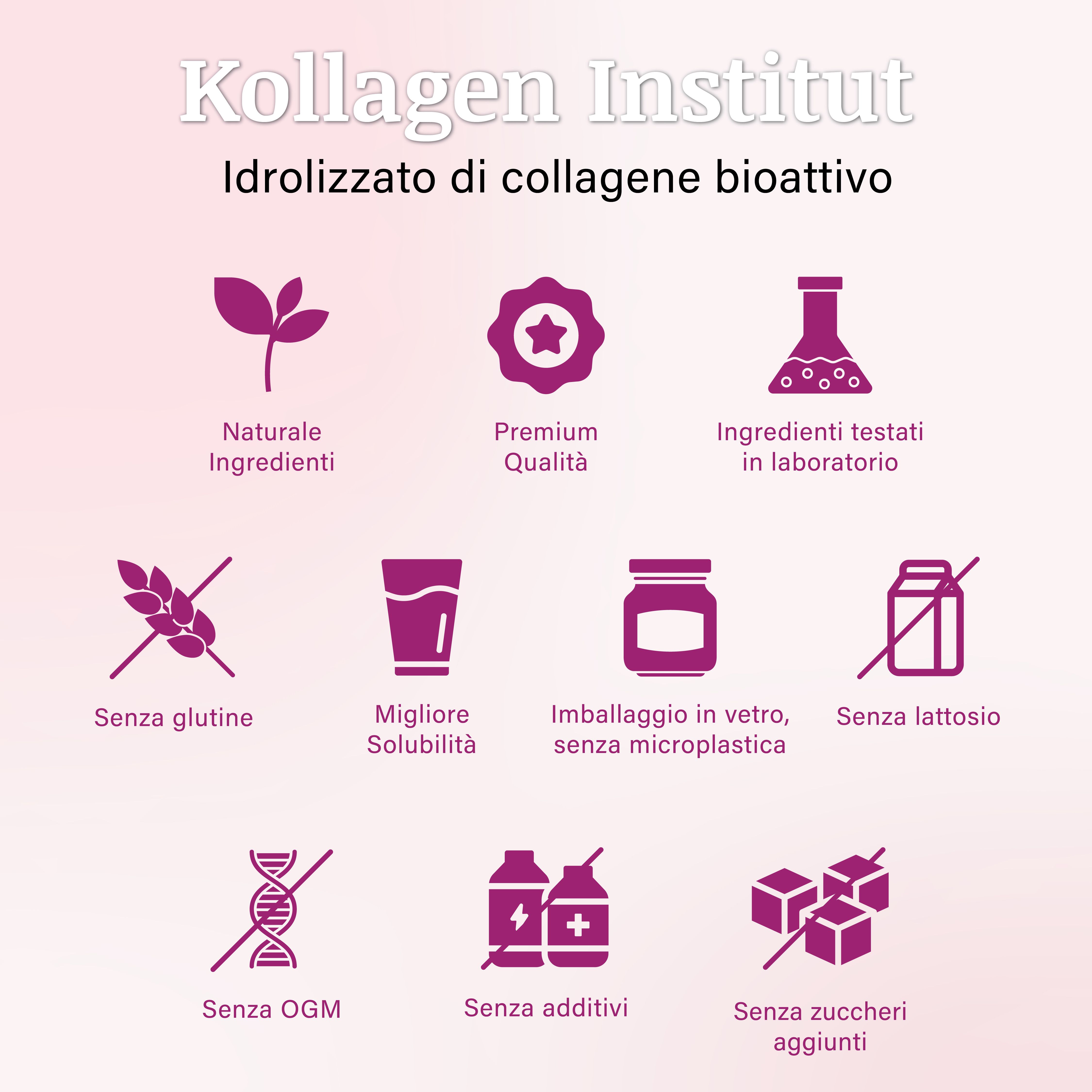 Infografica di Kollagen Institut con icone. Mostra ingredienti naturali, qualità premium, ingredienti testati in laboratorio, senza glutine, migliore solubilità, confezionamento in vetro, senza lattosio, senza OGM, senza additivi, senza zuccheri aggiunti.