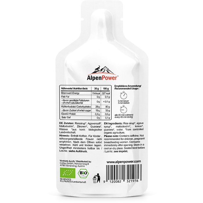 AlpenPower Bio Energy Gel-Zitrone. Weiße Verpackung mit Text und Nährwertangaben. Bio-Siegel.
