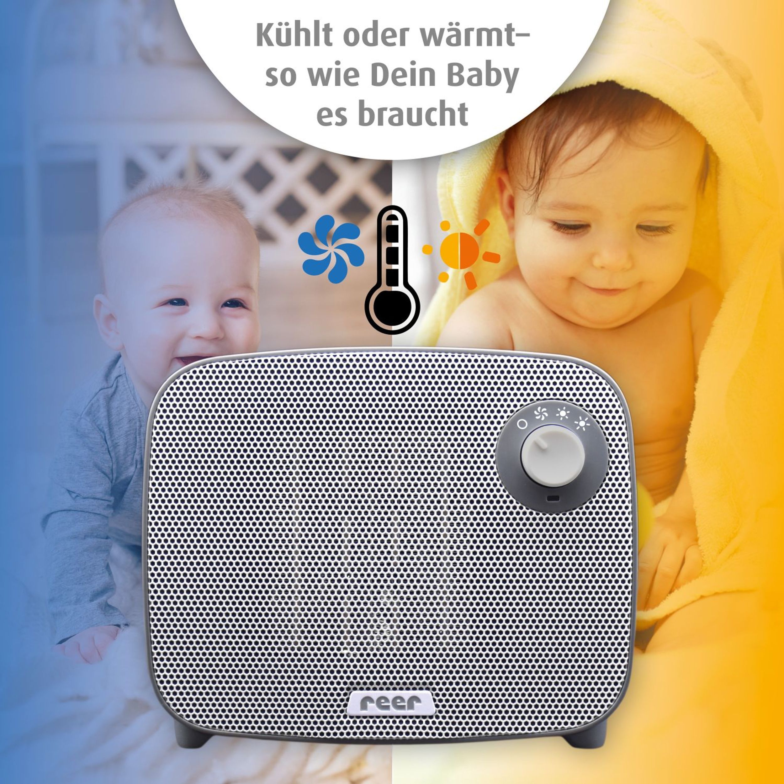 Baby-Luftwäscher mit Baby und Familie. Baby im Handtuch, Familie spielt. Text: Kühlt oder wärmt – so wie Dein Baby es braucht.