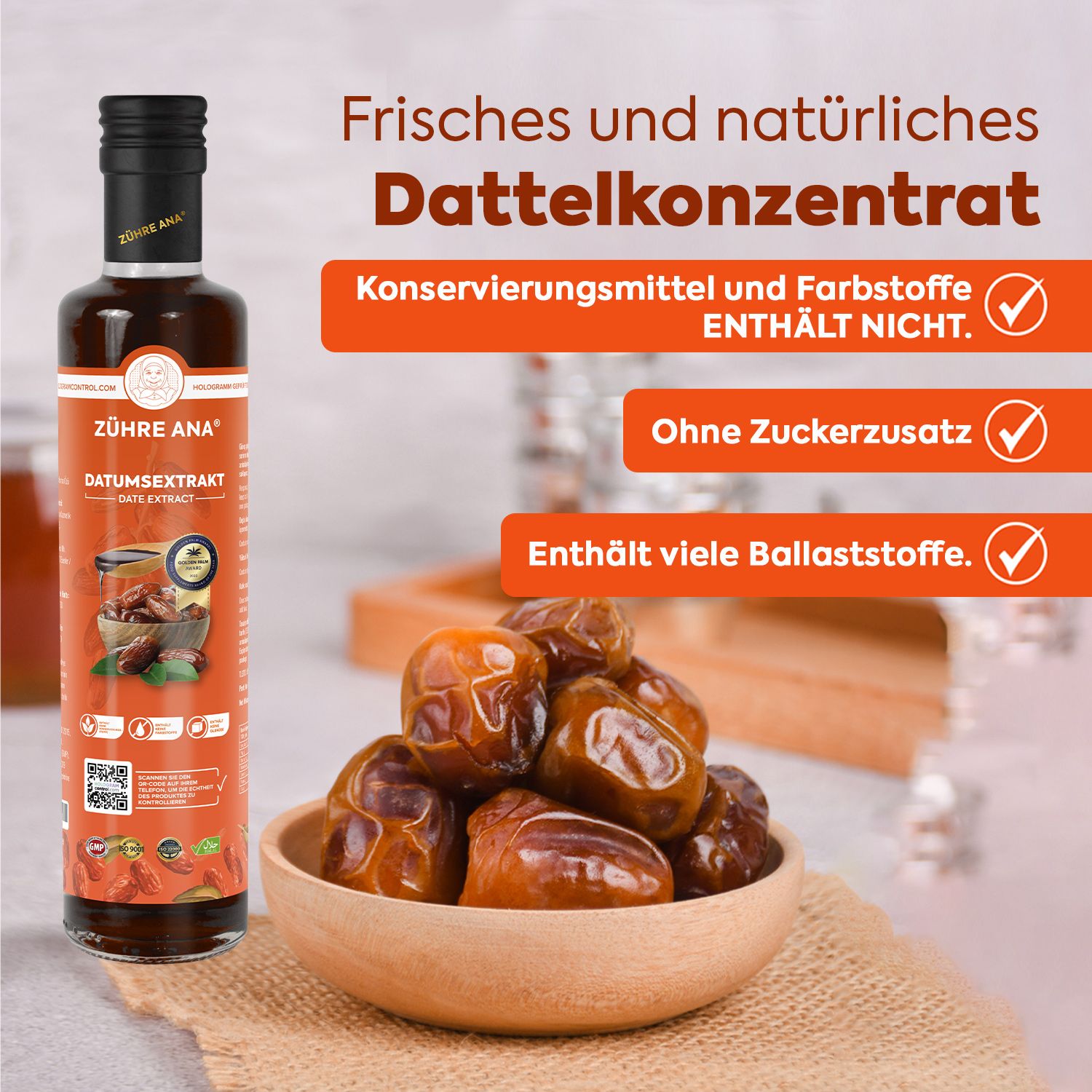 Flasche Zühre Ana Dattel-Extrakt neben einer Schale voller Datteln. Text über Frische, natürliche Inhaltsstoffe und Ballaststoffe.