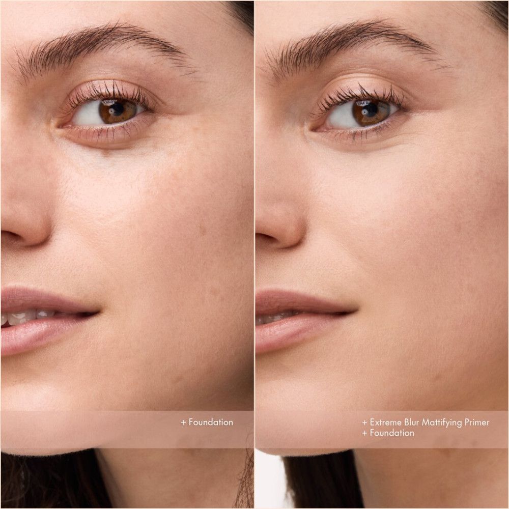 Vorher-Nachher-Vergleich. Linke Gesichtshälfte: Foundation. Rechte Gesichtshälfte: Extreme Blur Mattifying Primer + Foundation. Hauttonunterschiede.