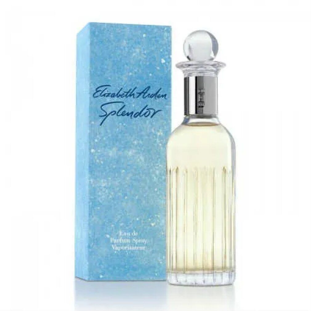 Flakon mit hellblauer Schachtel. Auf der Schachtel steht Elizabeth Arden Splendor. Der Flakon hat einen silbernen Hals.