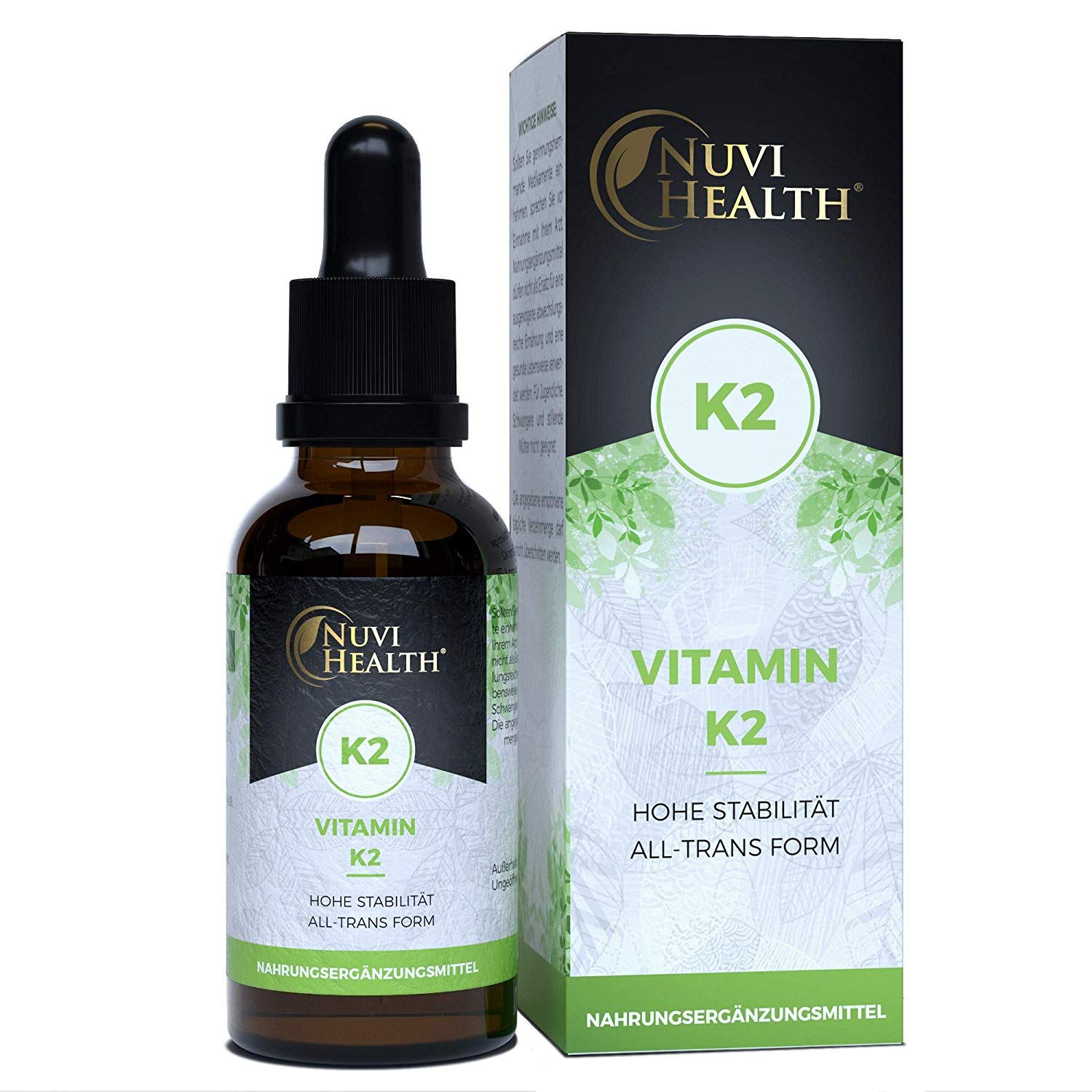 Braune Glasflasche mit Tropfer und Karton. Aufschrift: Vitamin K2, Nuvi Health. Grün-weißes Etikett.