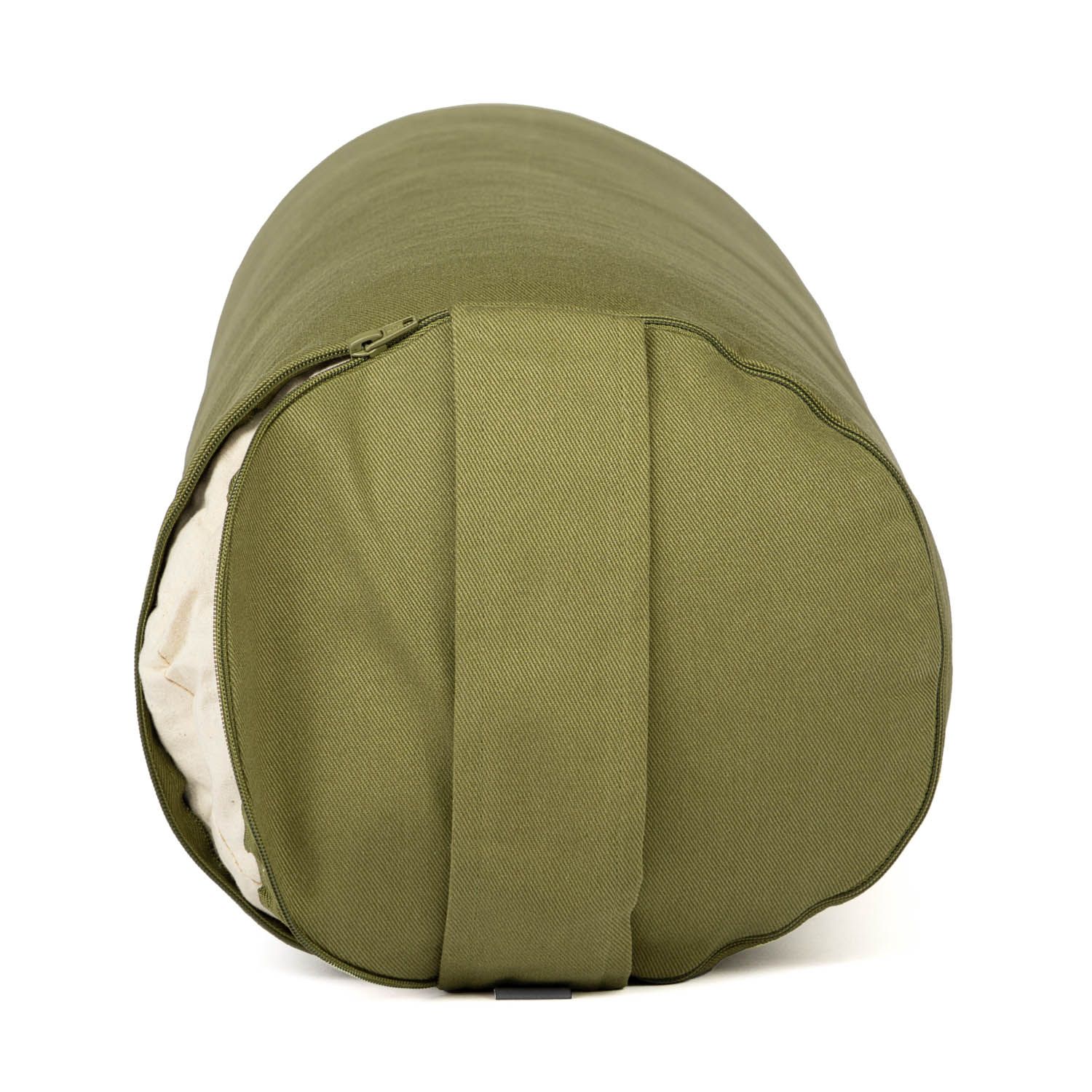 Yoga-Bolster, olivgrün, mit Reißverschluss. Stoffbezug. Innenfüllung sichtbar.