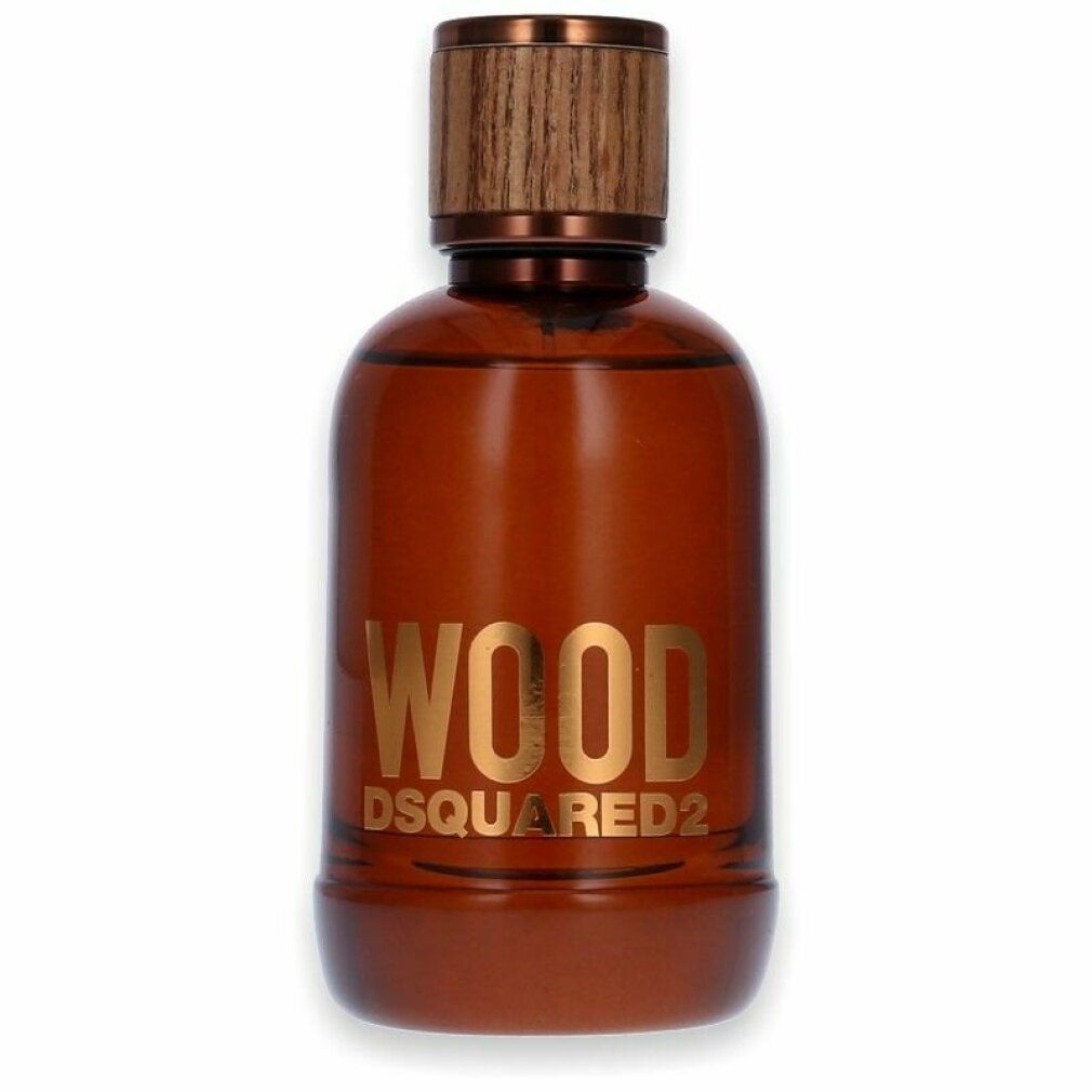 Braune Flasche mit Holzverschluss. Aufschrift WOOD DSQUARED2. Eau de Toilette für Herren.