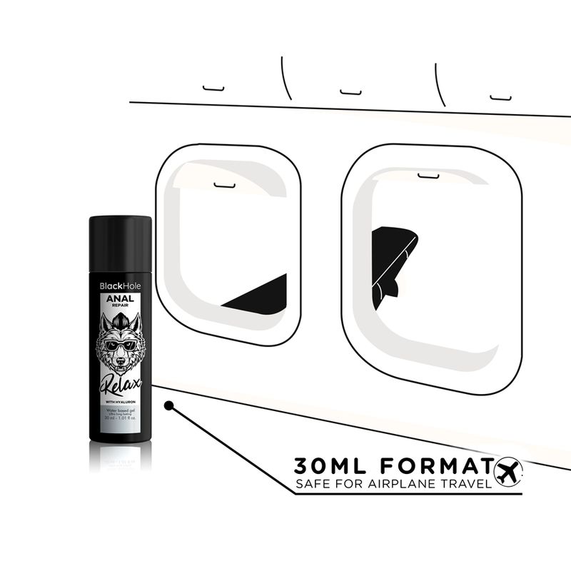 Schwarze Flasche mit "BlackHole ANAL Relax" Aufschrift, 30ml Format, sicher für Flugreisen.