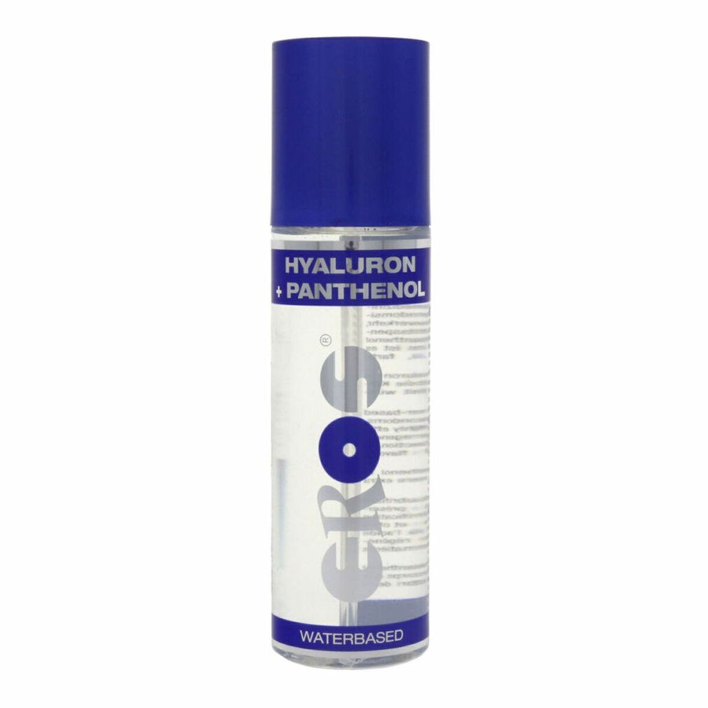 Transparente Flasche mit blauem Deckel. Beschriftung: Hyaluron + Panthenol, Eros, Waterbased.