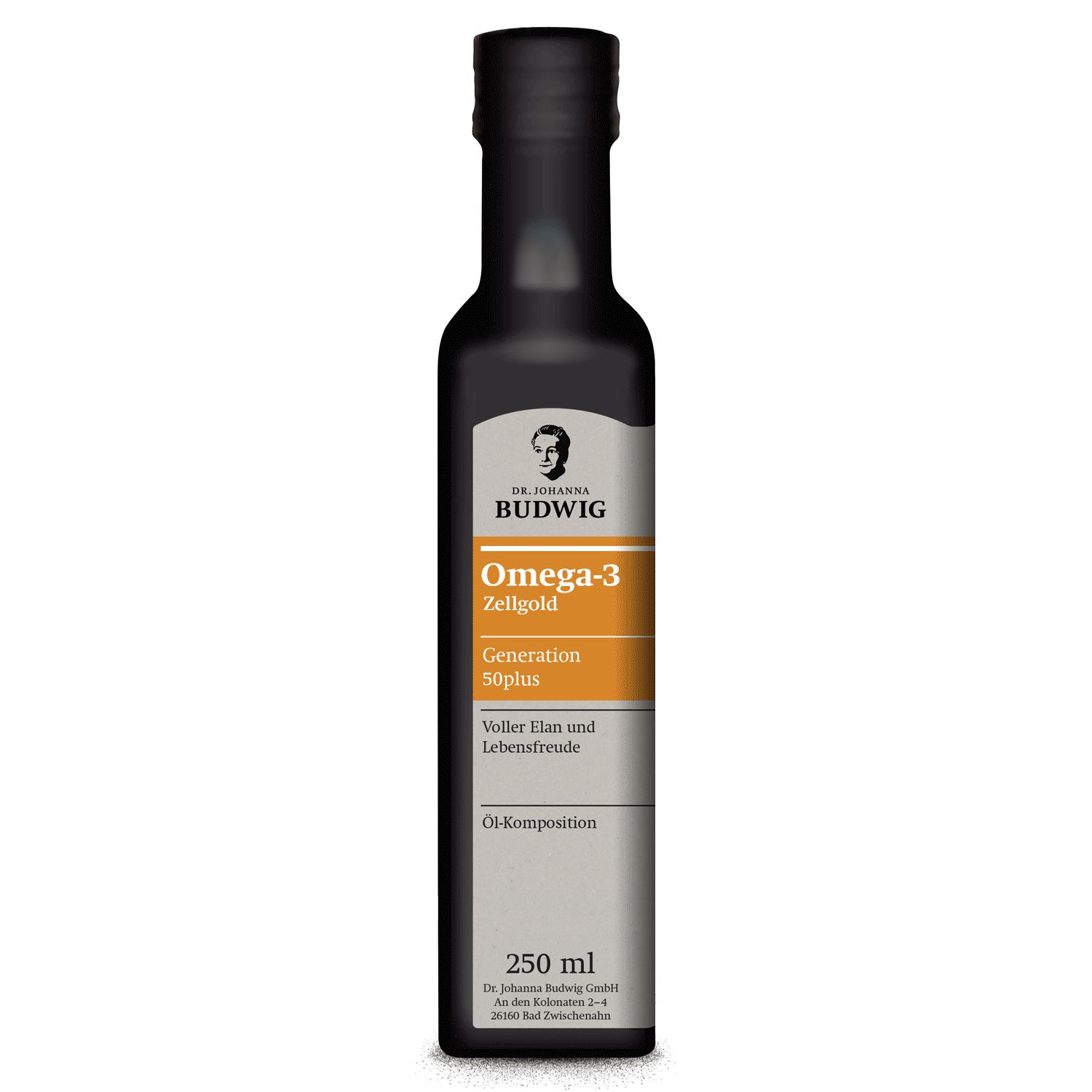 Braune Flasche mit Etikett neben einer Schüssel mit Joghurt und Früchten. 250 ml.