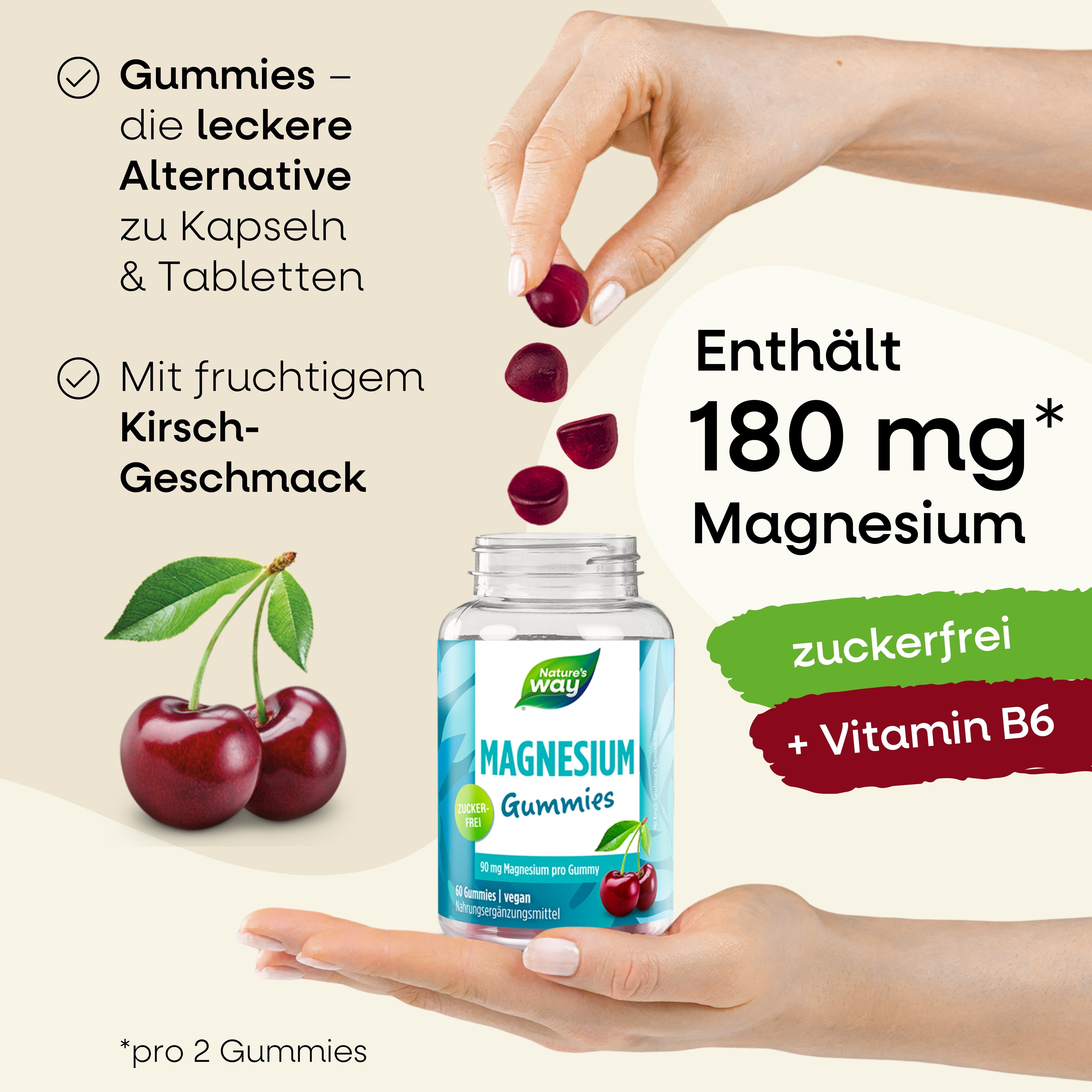 Hände halten Kirsch-Gummies und eine Flasche Nature's Way Magnesium Gummies. Text: Enthält 180 mg Magnesium, zuckerfrei + Vitamin B6.