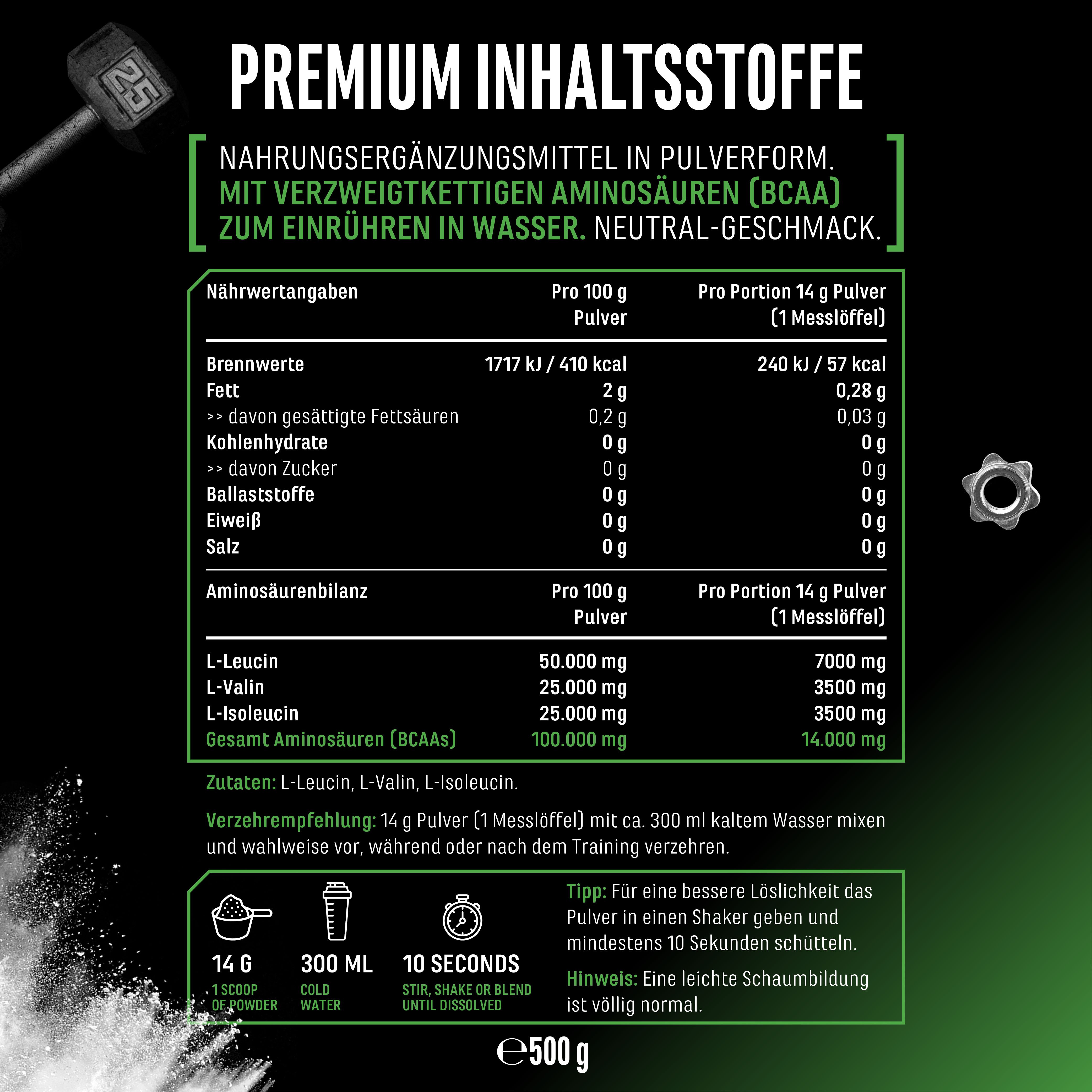 Nährwertangaben und Aminosäurenprofil für GEN BCAA 2:1:1 Pulver. Text: 14 g Pulver pro Portion. Zubereitungshinweis: 300 ml Wasser, 10 Sekunden schütteln.