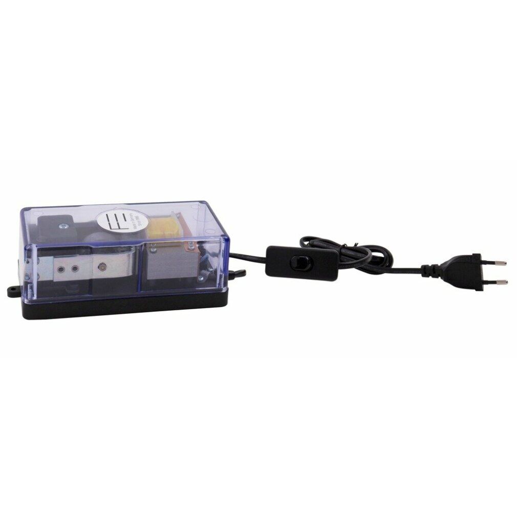 Elektropumpe mit transparentem Gehäuse, schwarzem Sockel und Netzkabel. Ein/Aus-Schalter am Kabel.