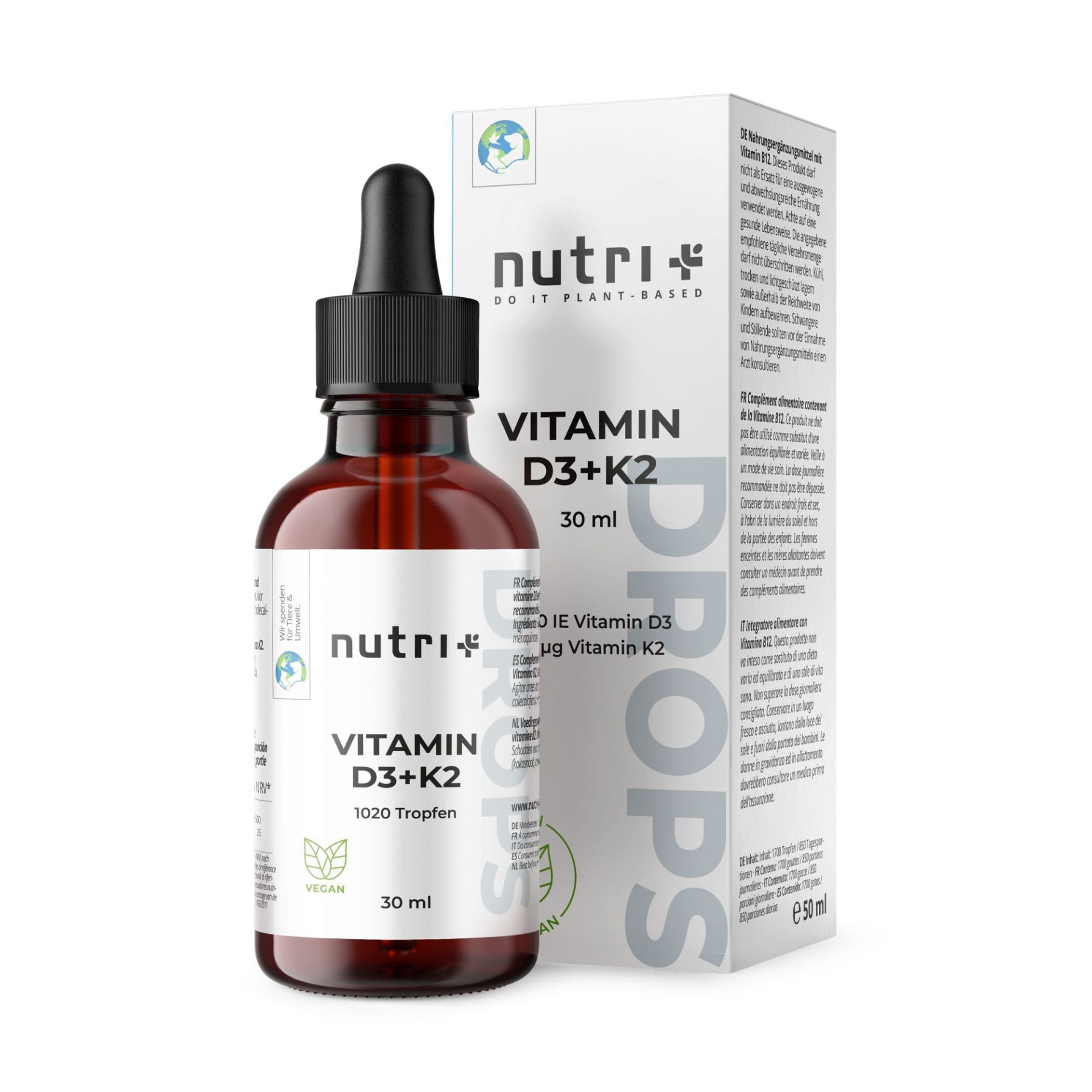 nutri+ Vegane Vitamin D3 + K2 Tropfen 1000 IE 30 ml zum Einnehmen